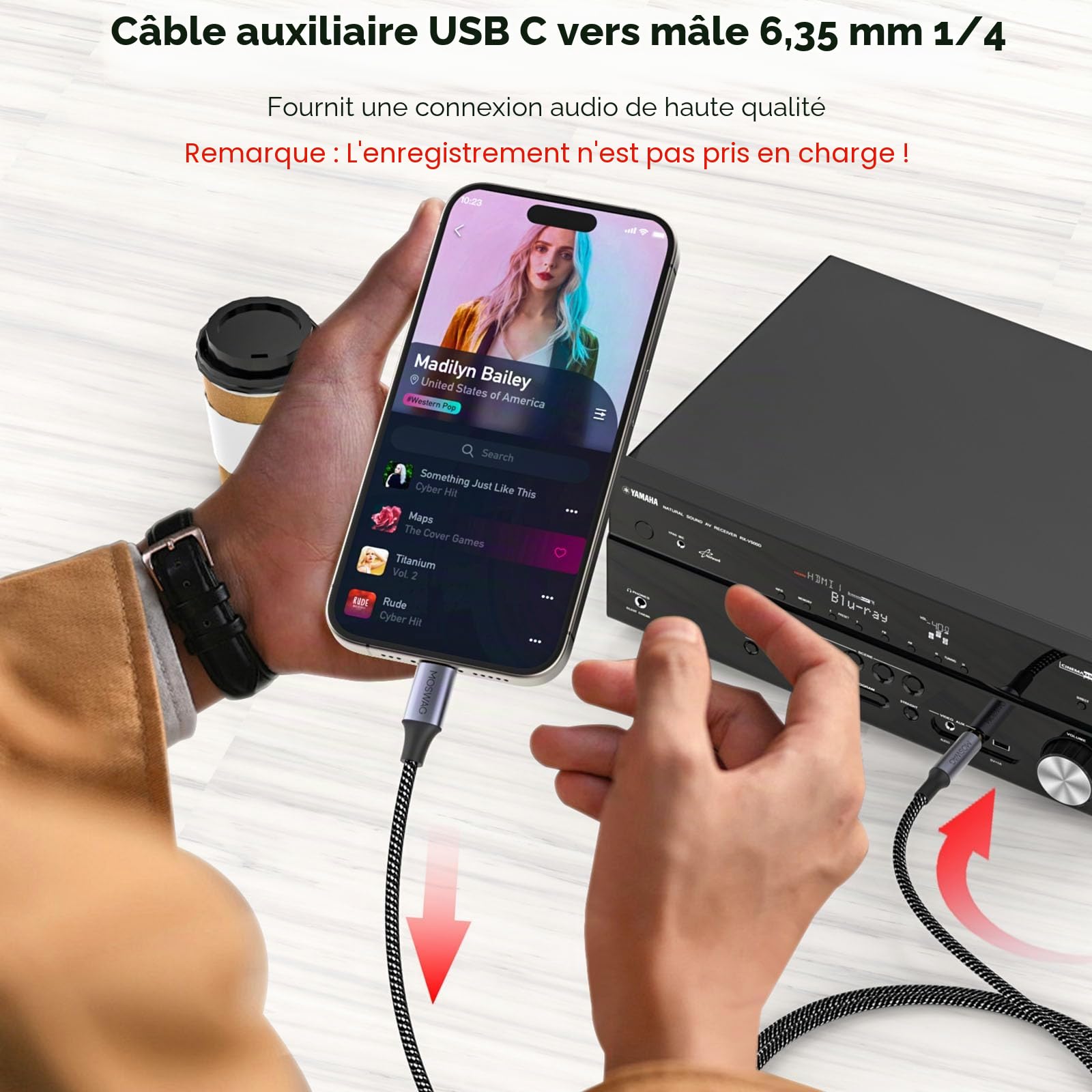 MOSWAG Câble USB C vers 6.35mm TRS Mâle Auxiliaire Audio Stéréo, 6.35mm Adaptateur Aux Audio Jack pour Google Pixel 4XL, Galaxy Note, Haut parleurs, écouteurs, Table de Mixage et Plus