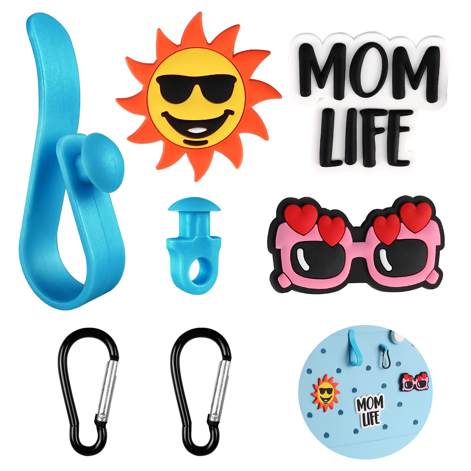 Matalde Rubber Beach Bag Hooks Accessories - Insert Charm Key Holder Securely Organize Your Essentials for Beach, Travel, and Vacation, Blue Hooks+sun+momlife+sunglasses