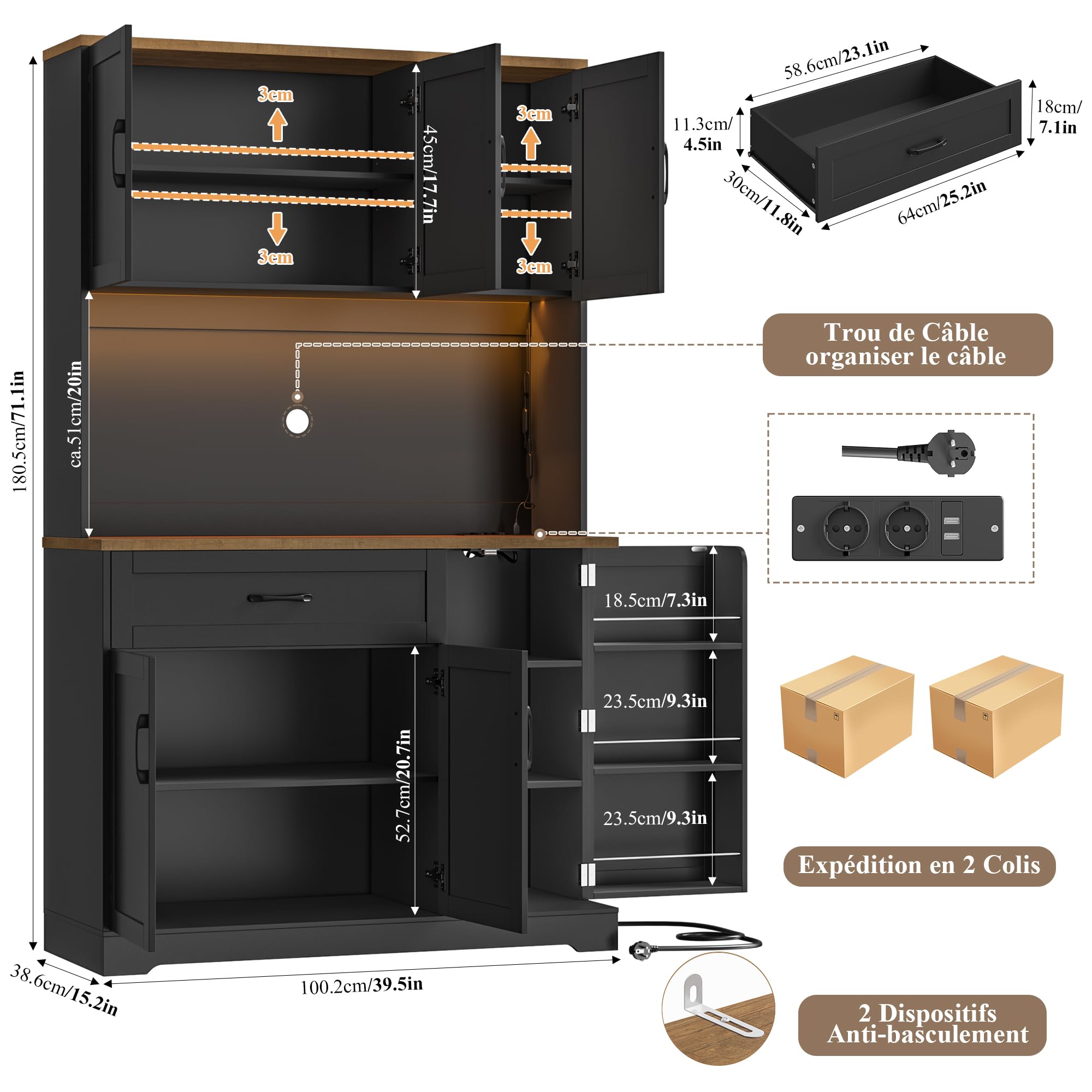 FirFurd Buffet 180cm Meuble Cuisine Rangement avec LED/Multiprises Noir | 180.5x100x38.6cm, Vaisselier meuble de cuisine avec étagère à épices et réglables, grand tiroir, Pour salle à manger, salon