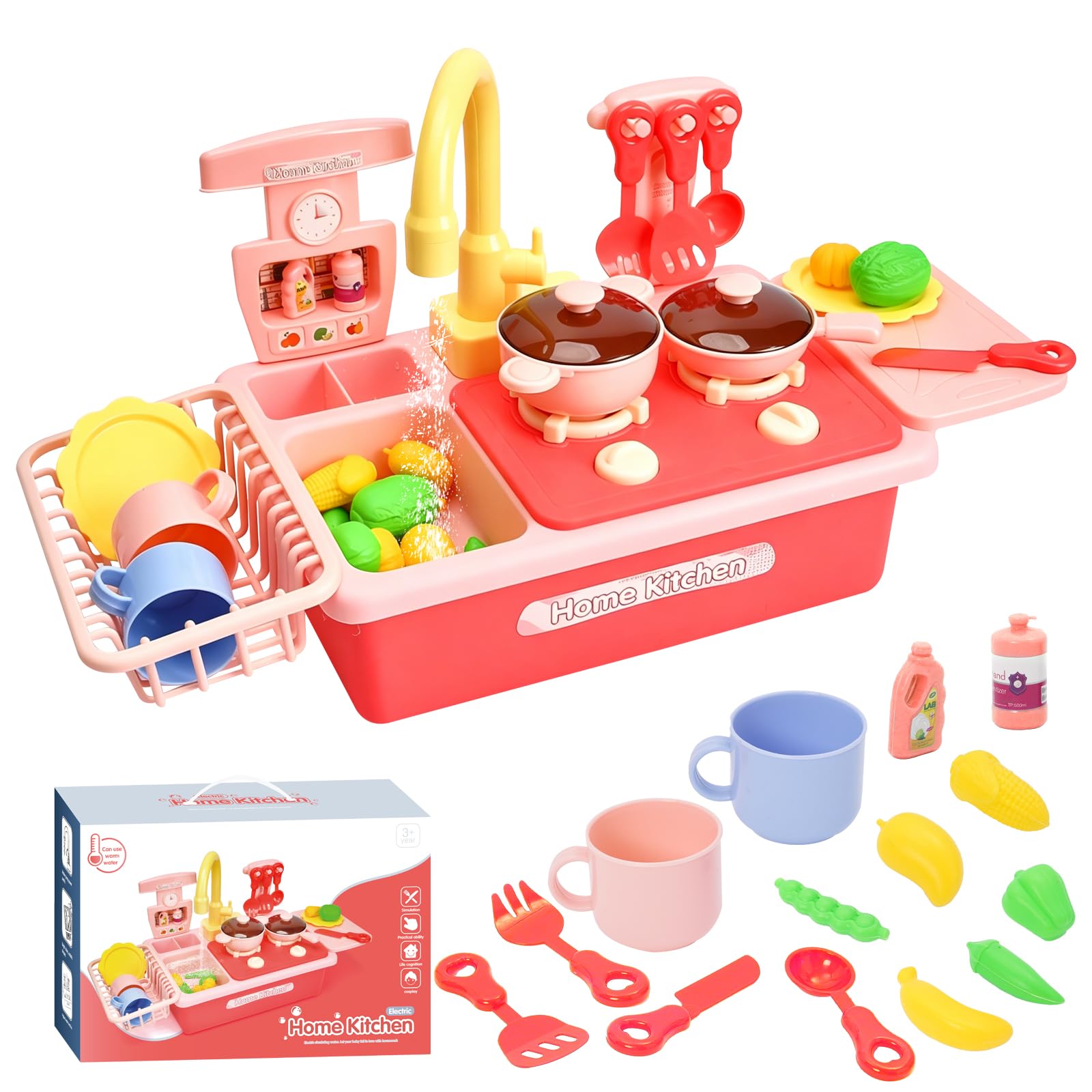 Pretend Play Kitchen Set Toys Kitchen Sink Toy Set with Water Function,Tap, Play Food,crockery set, Kitchens Play Cooker Accessories Role-play Gift for Boys,Girls