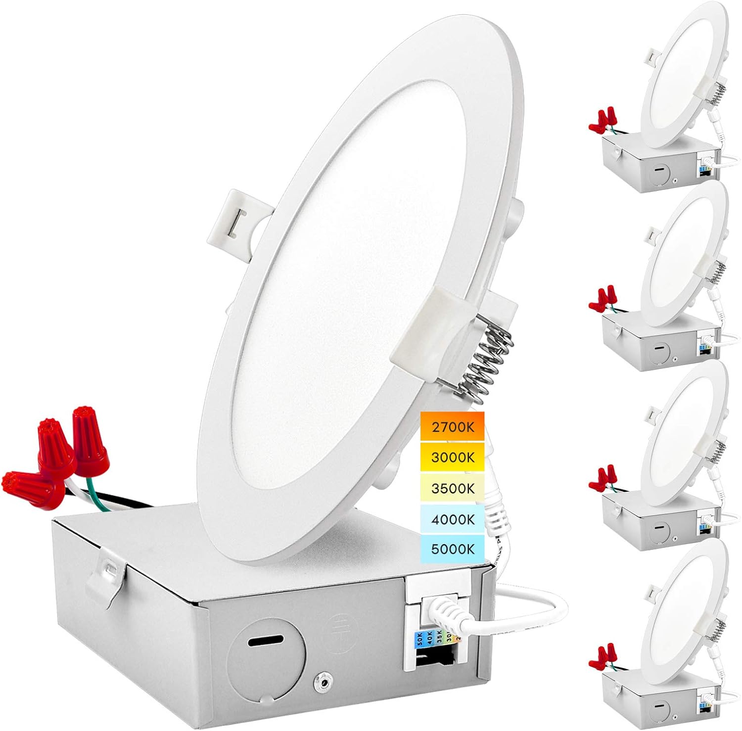 LUXRITE 6 Inch Ultra Thin LED Recessed Light with J-Box, 12W, Color Temperature Selectable 2700K | 3000K | 3500K | 4000K | 5000K, Dimmable Wafer Light, 1000 Lumens, Energy Star, IC Rated (4 Pack)