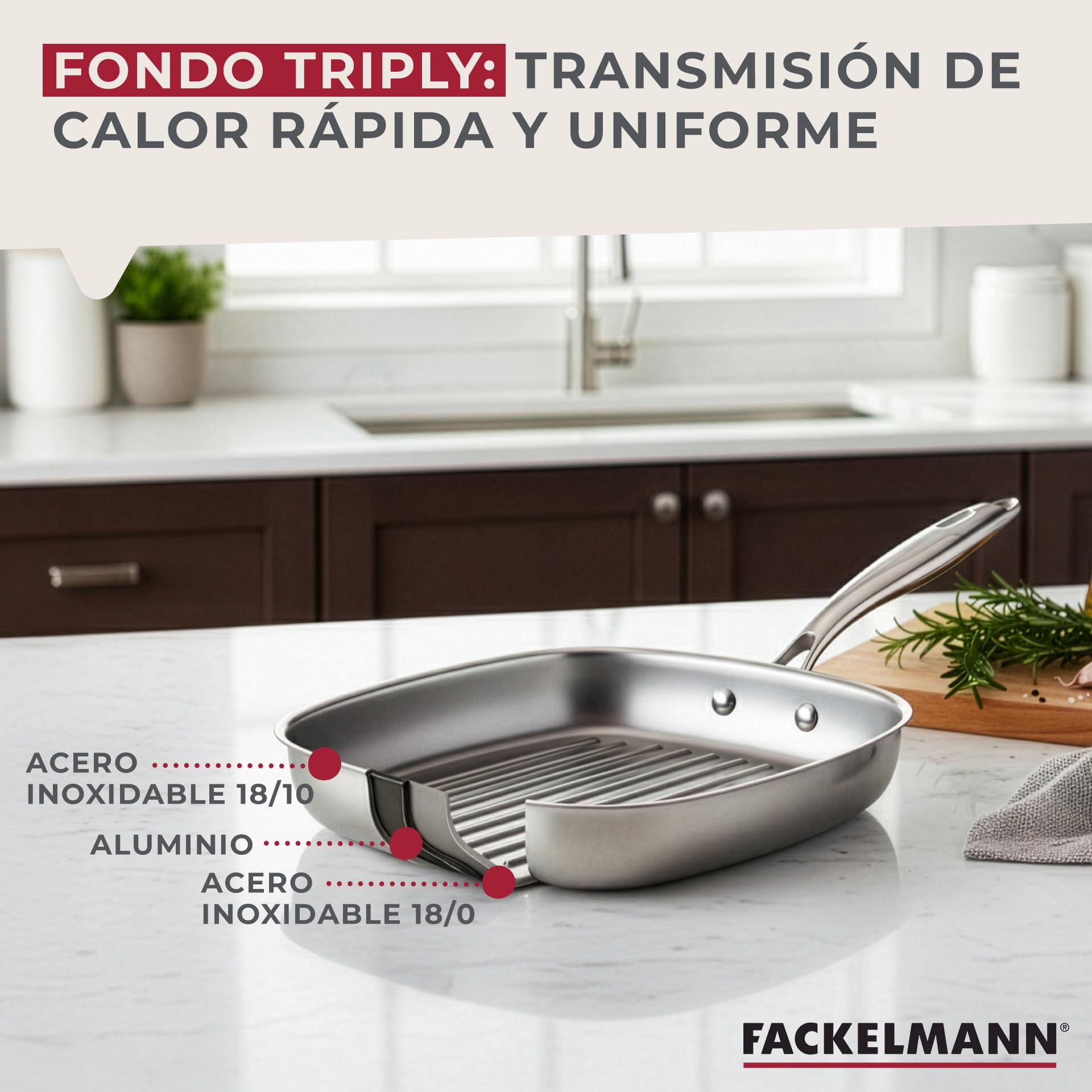 Fackelmann Vita3 Sartén Grill de Acero Inoxidable 28 cm, Acero Inoxidable Triply con Triple Fondo Difusor, Sin Antiadherente, Sin PFA, Apta para Inducción, Gas, Vitro y Horno, Apto Lavavajillas — view 3