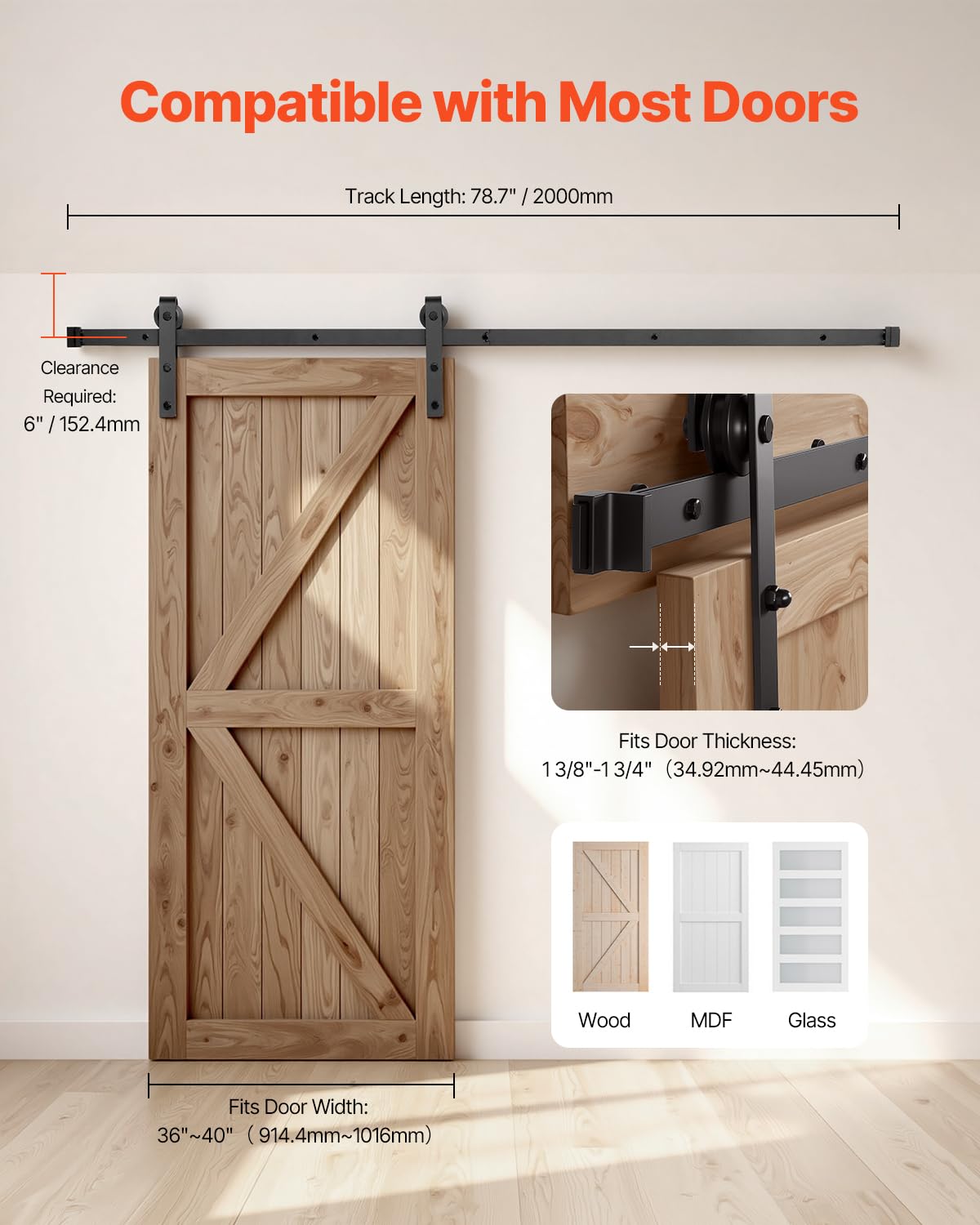 VEVOR Kit Quincaillerie de Porte Grange Coulissante Simple, 200 cm, Rail Durable et Rouleau J, Charge 150 kg, pour Portes 914,4-1016 mm de Largeur 34,92-44,45 mm d'Épaisseur, Noir, Porte Non Incluse