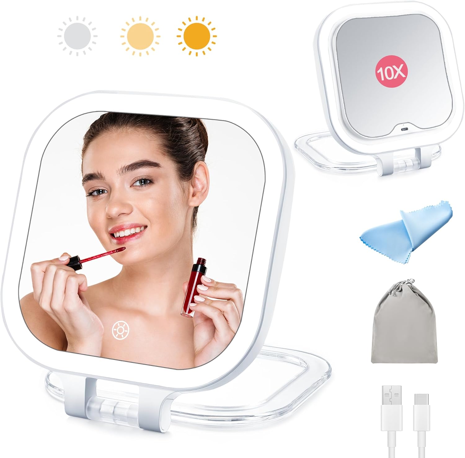 Travel Makeup Mirror with Lights and Magnification, Rechargeable Large Lighted Beauty Mirror with 3 Color, Portable 1x/10x Magnifying Vanity Mirror, Double Sided Led Folding Compact Mirror,Dimmable White-10x
