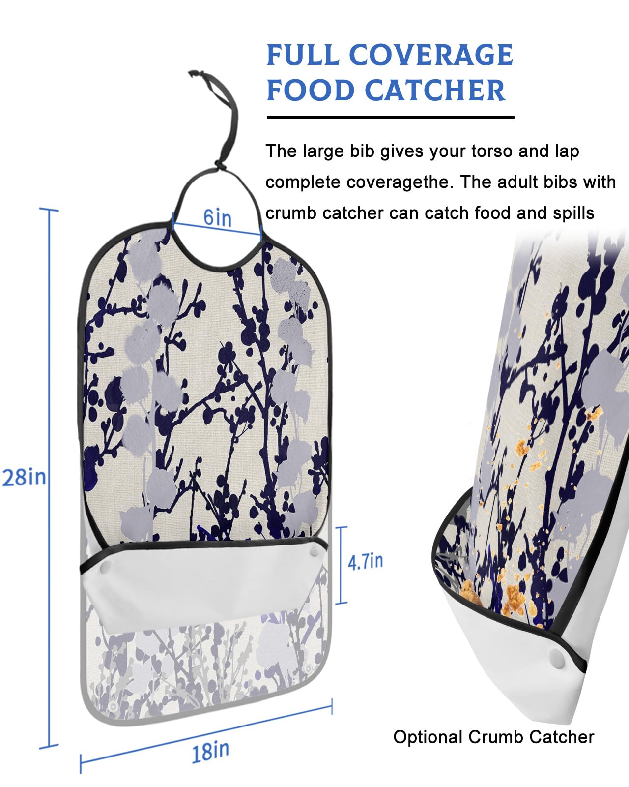 Adult Bibs for Elderly Women - Blakc Grey Blue Branches Waterproof Dining Clothing Protectors with Crumb Catcher for Eating/Feeding, Watercolor Botanical Rustic Abstract Terry Cloth Bib Washable