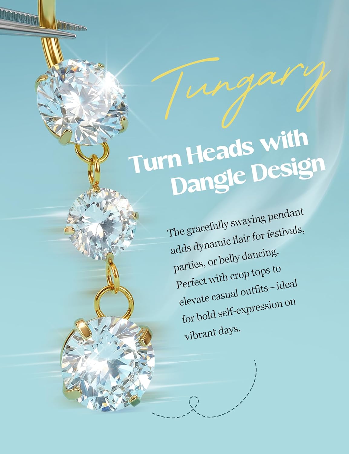 Tungary G23 Titanium Belly Button Ring for Women - 14G 3/8" Internally Threaded Navel Rings with 5A CZ Dangle Belly Button Ring Hypoallergenic Navel Piercing Jewelry, Gold & Titanium Silver - Image 5
