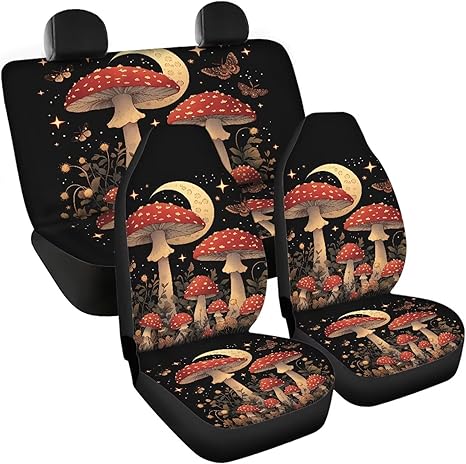 Car Seat Protector Car Seat Cover Full Set of 4, Mushroom Moon Print Waterproof Vehicle Seat Cushion Suitable for Gym Swimming Running, Easy Clean