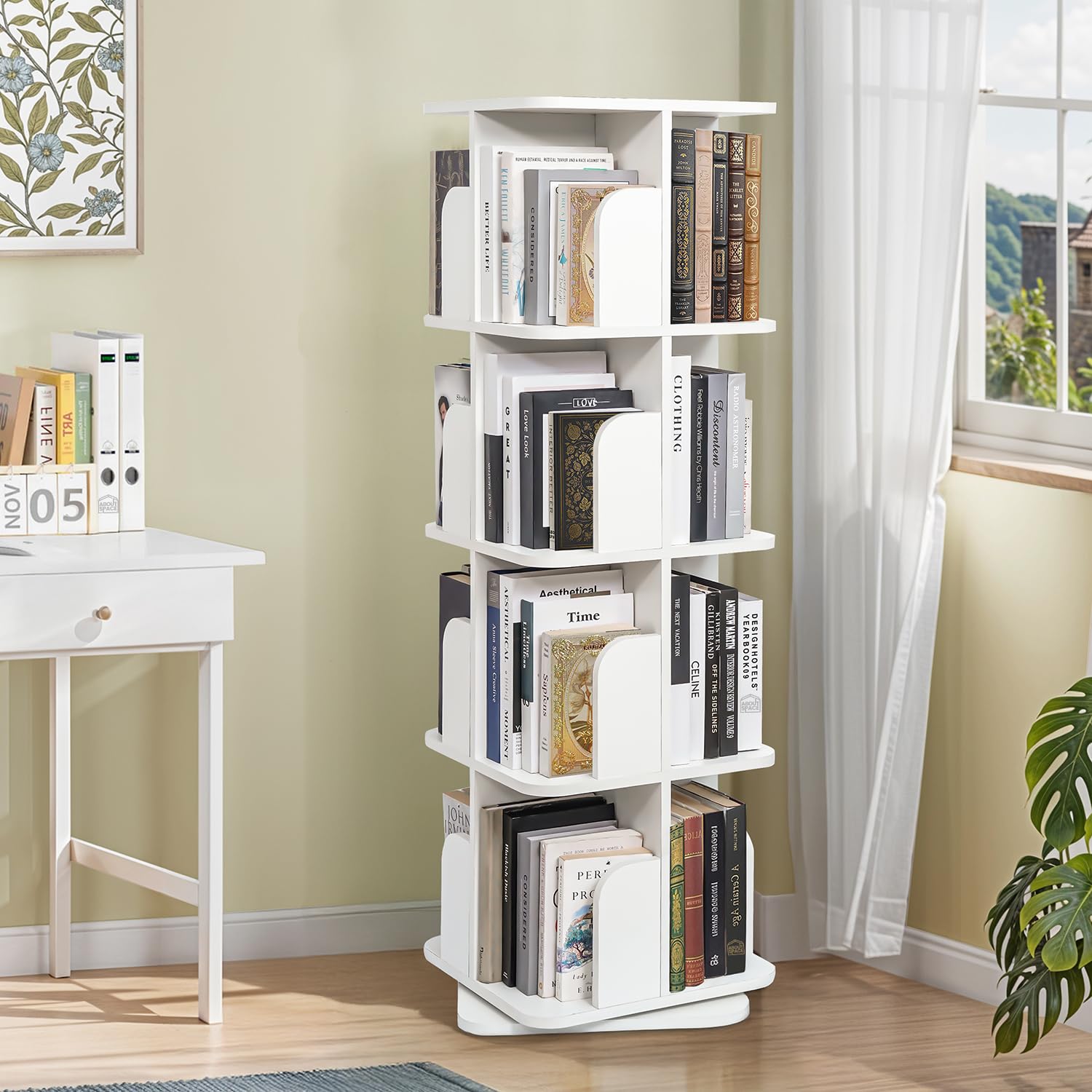 ABOUT SPACE Rotating Book Shelf for Home Library - 4 Tier 360° Book Rack | Wooden Square Bookstand with Partition, Curved Edges, Bottom Turnplate for Office Livingroom (White - L 40 x B 40 x H 130cm)-image-4