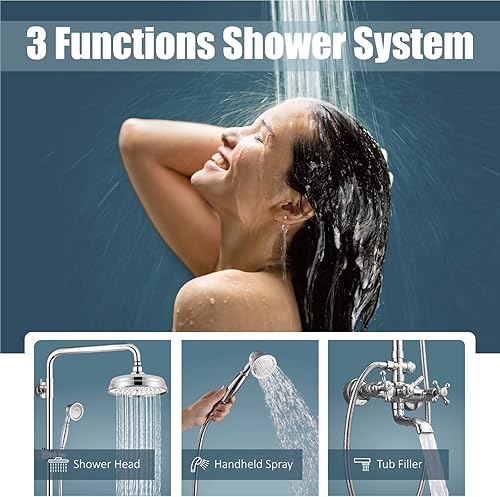 Miniatura 2 de Aolemi Juego de grifo de ducha expuesto cromado pulido de 8 pulgadas, cabezal de lluvia de mano, boquilla de ducha, 2 manijas cruzadas, montaje en