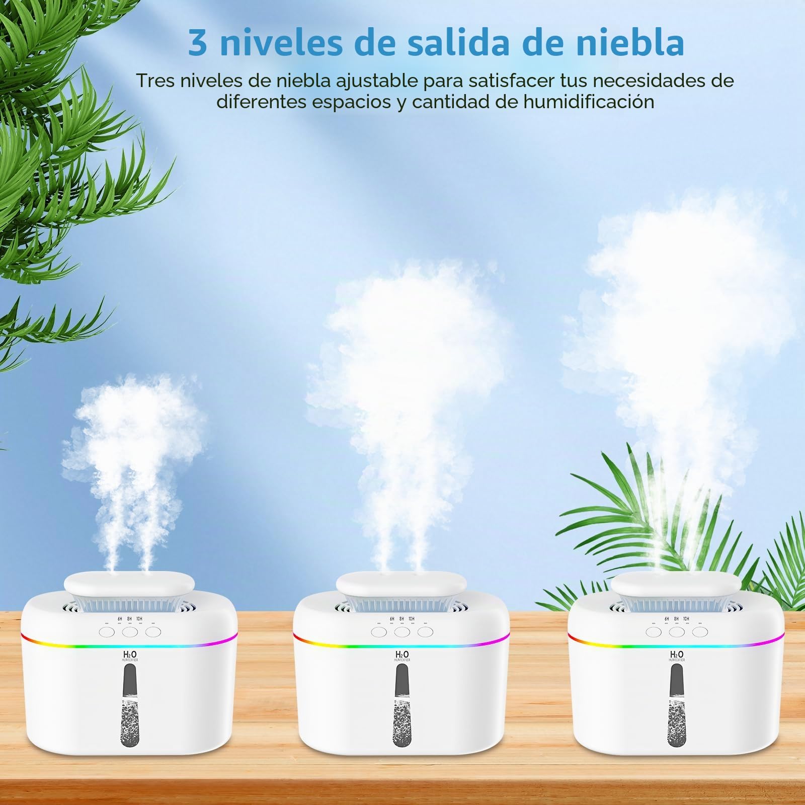 Humidificador de aire 2L para habitación bebé plantas con 2 modos nebulización ajustables y luz nocturna LED 28dB