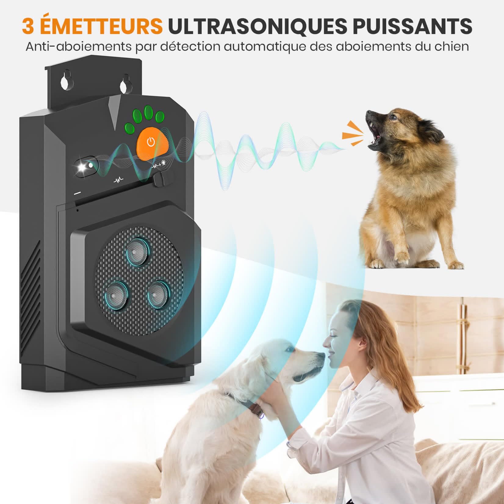 Anti Aboiement Chien Ultrason Puissant – Anti-Aboiement pour Chiens, Ultrason Chiens 3 Modes, Étanche IP56, Portée 15m, USB Rechargeable, Arrêt Automatique du Aboiement Intérieur/Extérieur