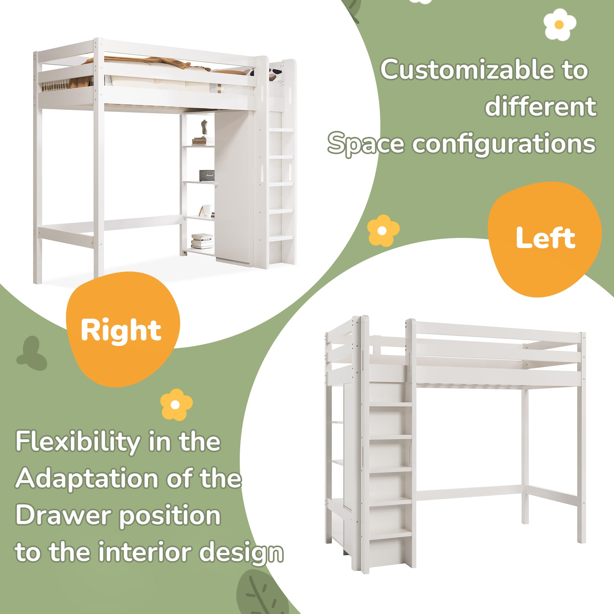 LAKFEW Cama Alta Infantil 90x200 cm con Armario y Estante Almacenaje Ajustable, Cama Tren Camas Altas con Dispositivo antivuelco y Protección Anticaída, Camas Literas con Escalera, Blanco, Sin Colchón