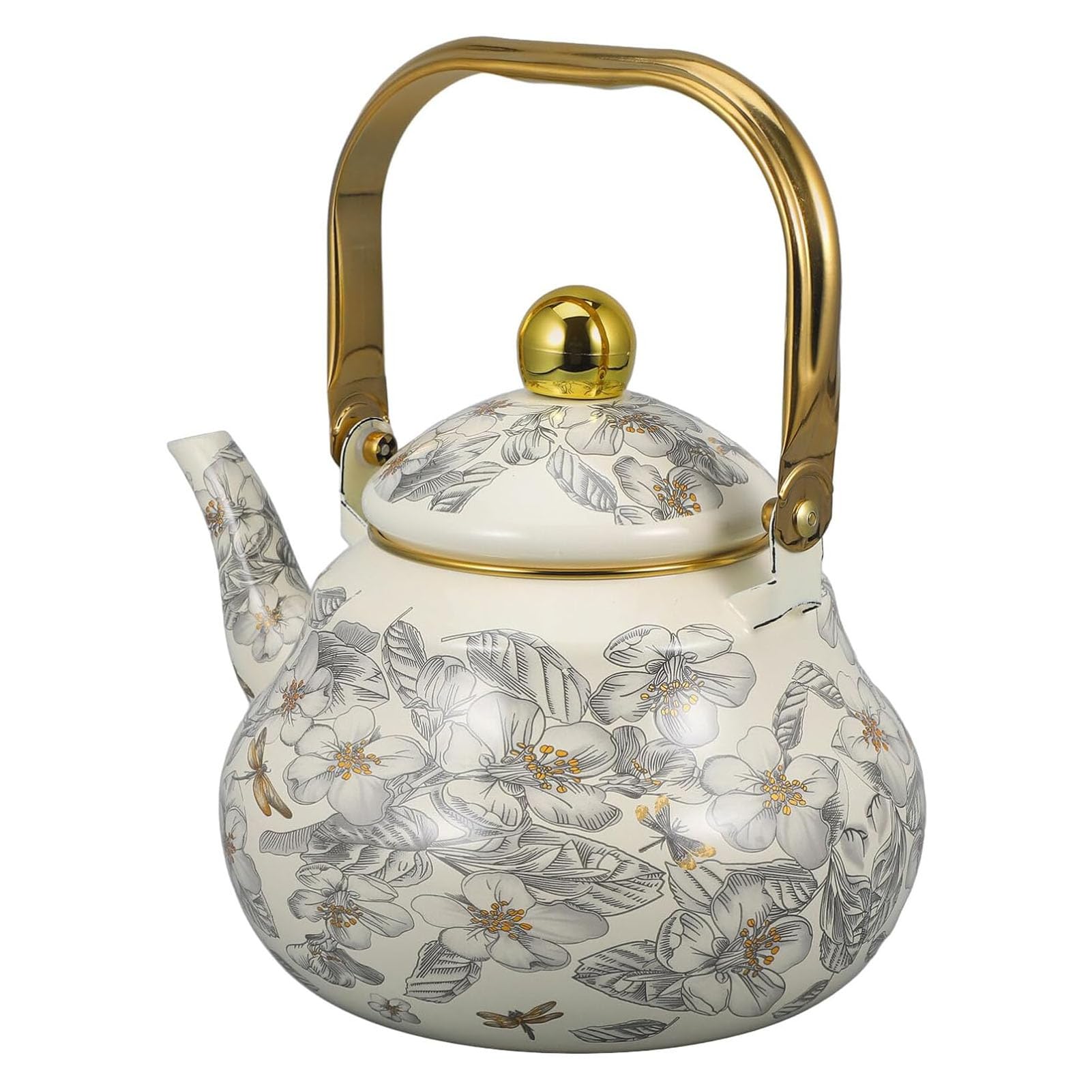RSBFER Emaillierter Teekessel im Vintage-Stil, Teekanne aus Stahl mit Blumenmuster, Heißwasserkessel für Induktion, Gasherd, Holzofen,1.5L
