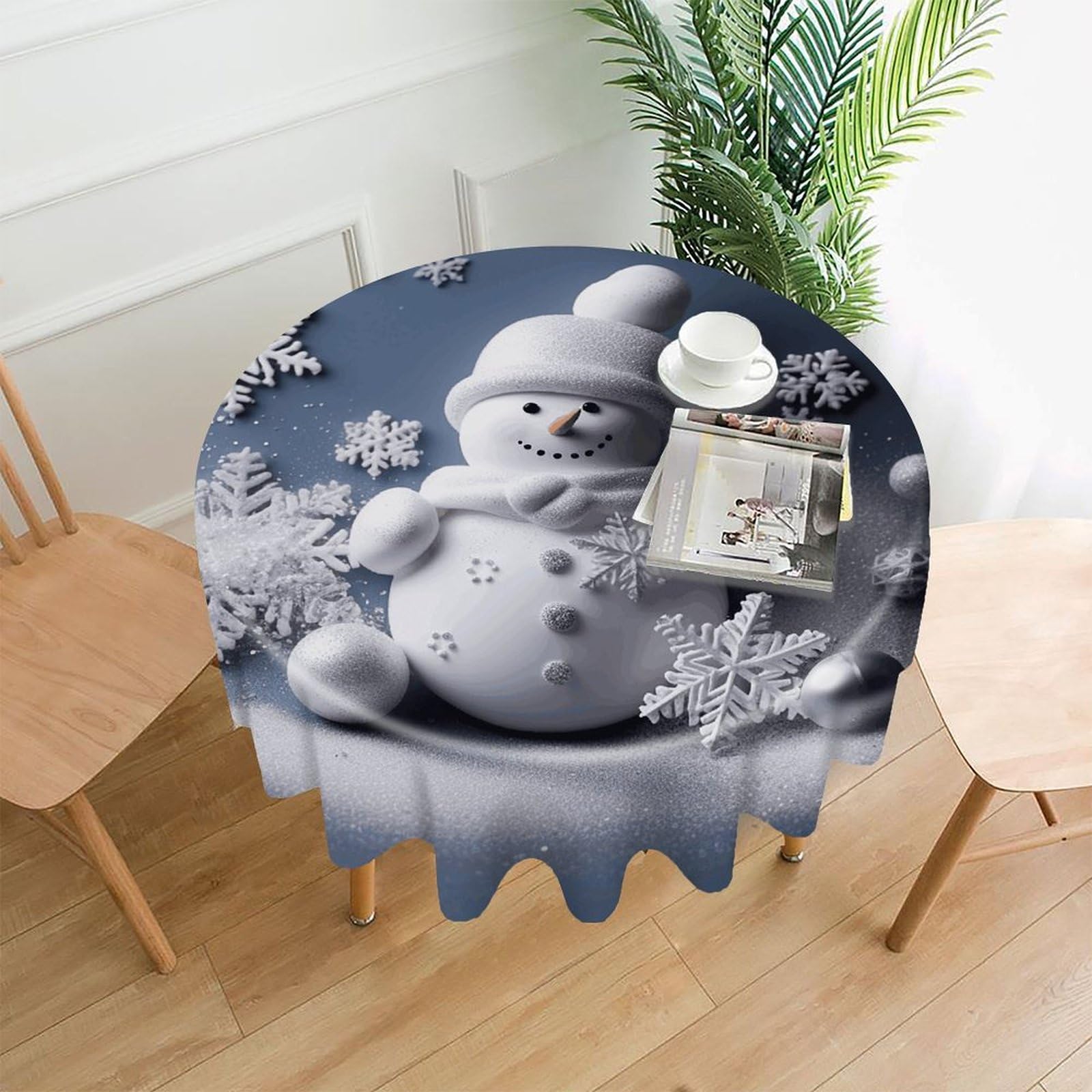 FekiLoot Snowman Stars and Snowflakes Round Tablecloth Cover 60 Inch Wrinkle Free Washable Polyester Fabric Table Cover Decorative Round Table Cloth for Home Dining Kitchen Party Farmhouse