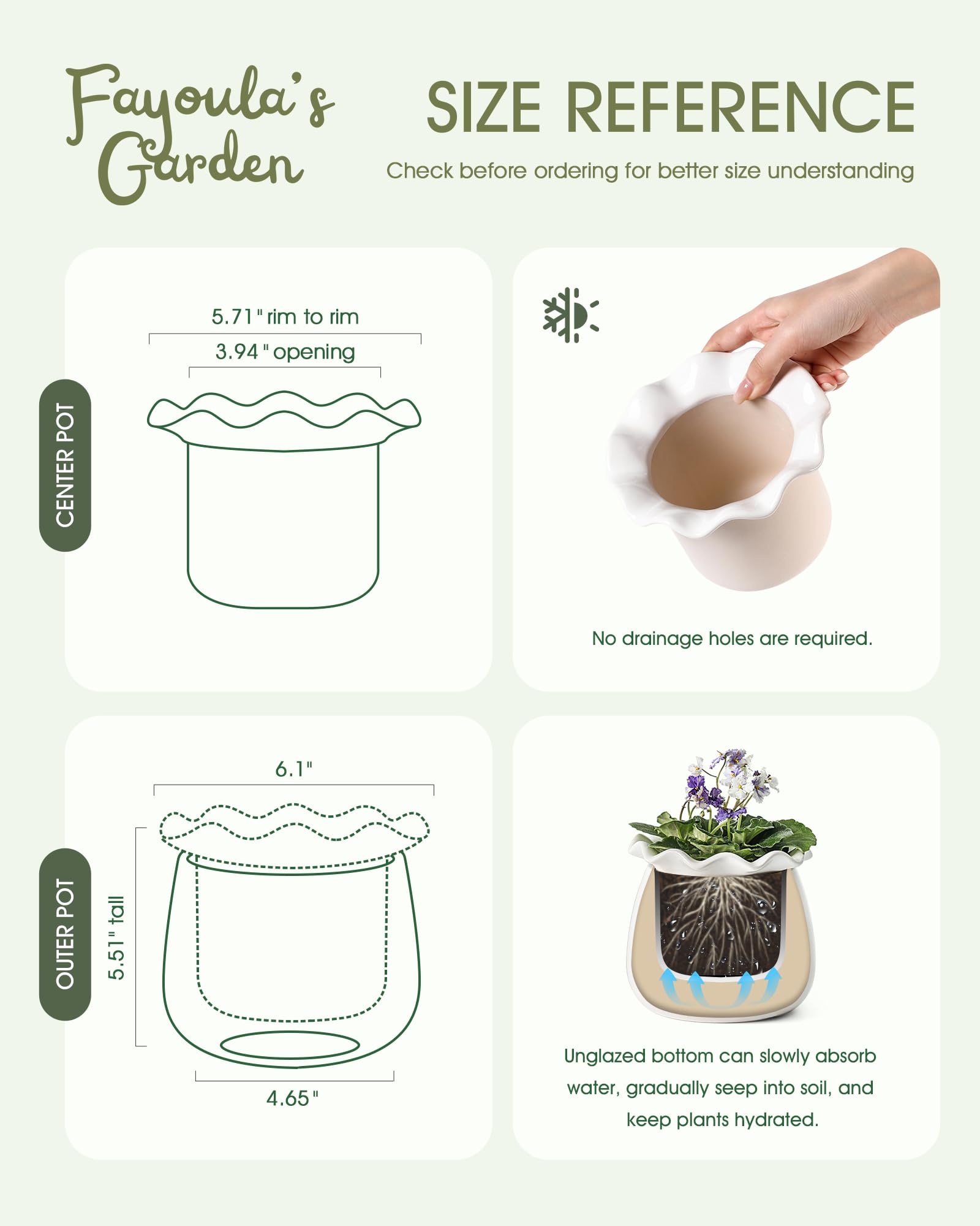 Fayoula Self Watering Plant Pot, 6 Inch African Violet Pots Maintenance, Ceramic Self-Watering Planter for Indoor Plants - Ideal Flower Pot for Thriving Indoor Gardens, White