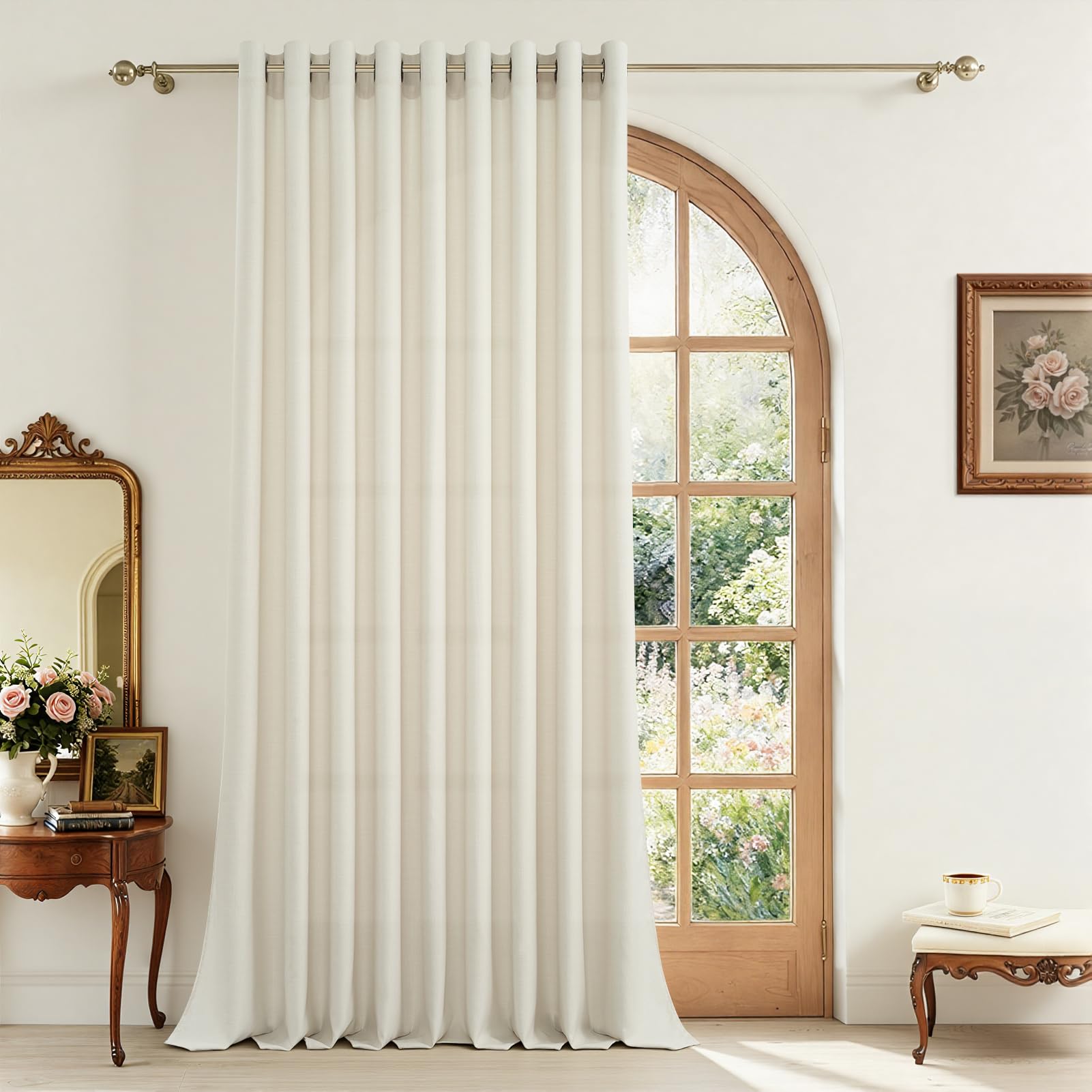 CUTEWIND Rideaux Salon Moderne Rideau Voilage Lin Naturel Semi-Transparent Beige à Oeillets 300x240 cm, Rideaux Voilages Intérieurs pour Chambre Baie Vitrée Bureau Porte Fenetre, 1 Pièce