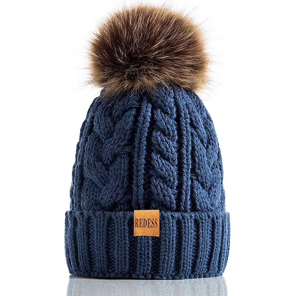 Redess Women's 1 # Dark Denim Winter Pompom Beanie Hat With Warm Fleece Lined, Thick Slouchy Snow Knit Skull Ski Cap