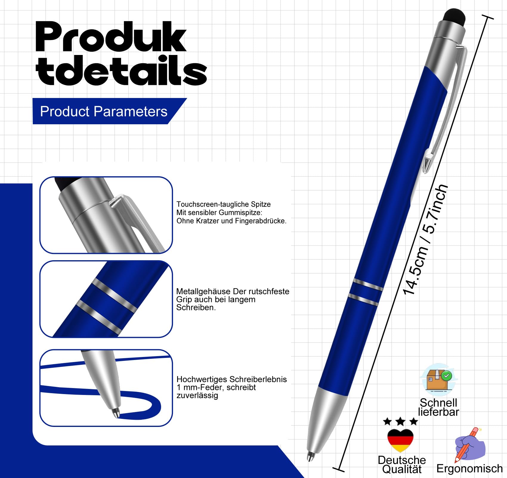 500 Stück Kugelschreiber mit Touchpen,1,0 mm Kugelschreiber Blau,Hochwertig Stift Set für Schreiben, Bürobedarf für Schule und Geschäft,Tinte: Blau