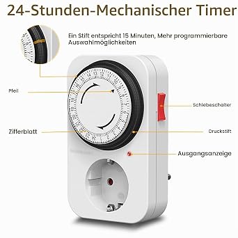 G-ELEK Mechanical Timer Socket with 96 Switching Segments (15 Minutes) Set of 2 Analogue Timer for Indoor Use with Child Lock Daily On/Off Cycle for Christmas Decoration