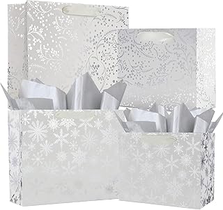 UNIQOOO 12PCS Assorted Metallic Silver Christmas Gift Bags Bulk, Size L 12.5'' M 9'', Silver Snow Berry Gift Wrap Bags, White Xmas Snowflake Paper Favor Bag Gift Packaging, For Holiday New Year Party