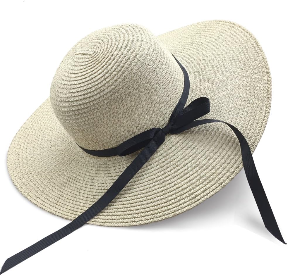 Chapter SevenWomen's Sun Hat Floppy Foldable Bowknot Large Wide Brim Straw Hat Summer Beach Cap UV Protection UPF50