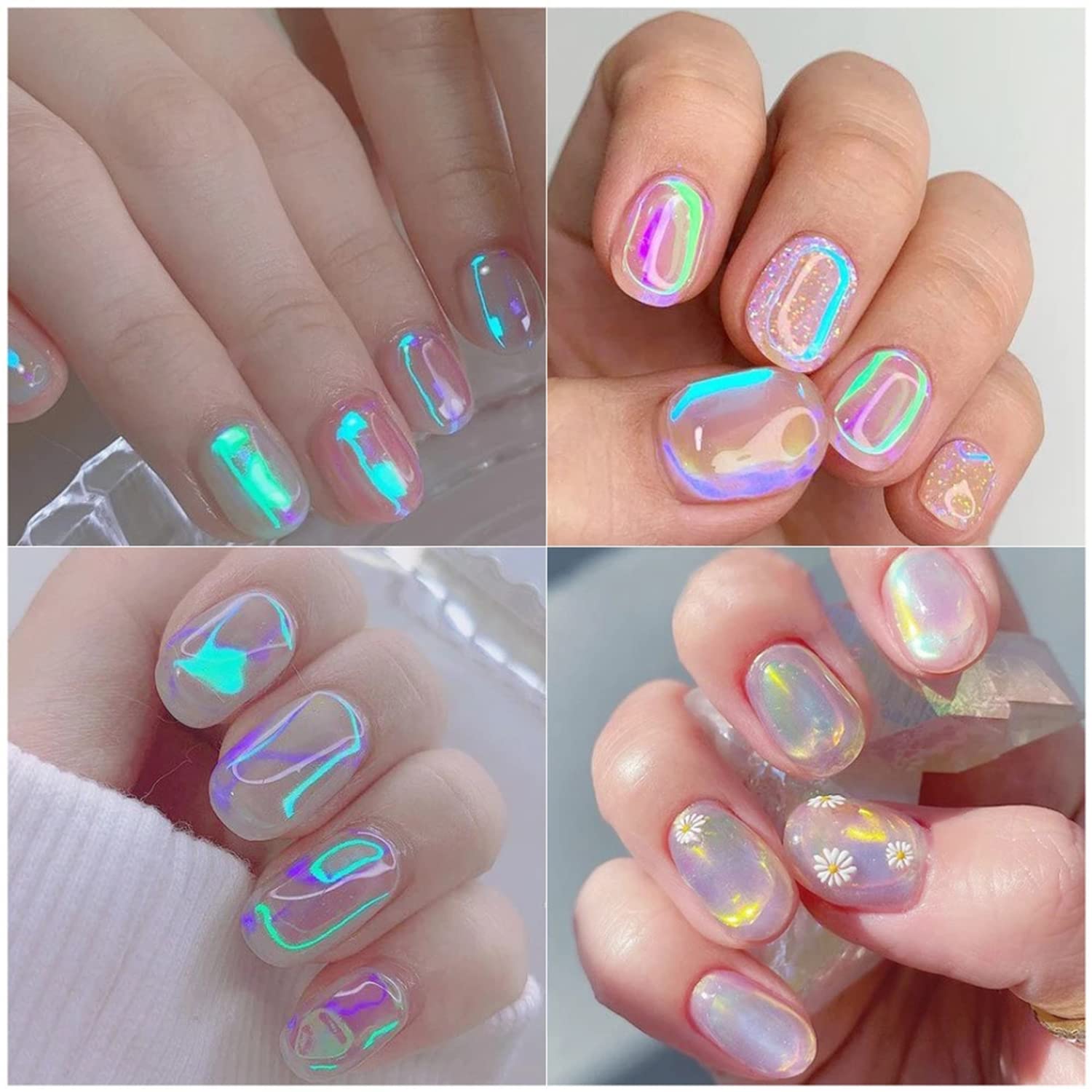 WOKOTO 11 Sheets Aurora Nail Foil Sheets for Women Nail Art, Broken Glass Paper Heart, Oval,and Block Shapes Holographic Nail Film ice-Like Stickers Laser Nail Decals DIY Nail Art Decoration