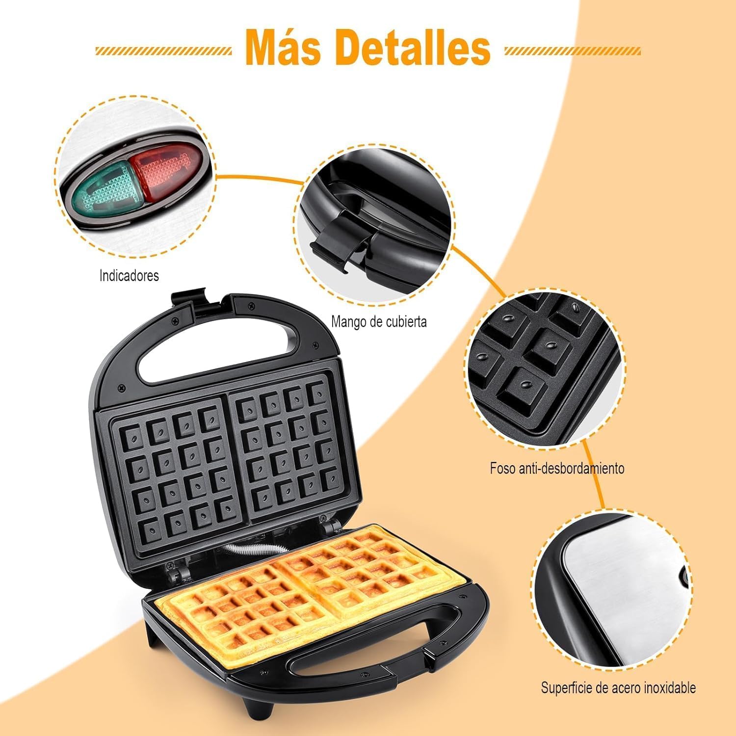 YASHE Gofrera Eléctrica, Maquina de Gofres Antiadherente, 750W, Temperatura Automática, Luces indicadoras, 2 Gofres Belgas, Negro