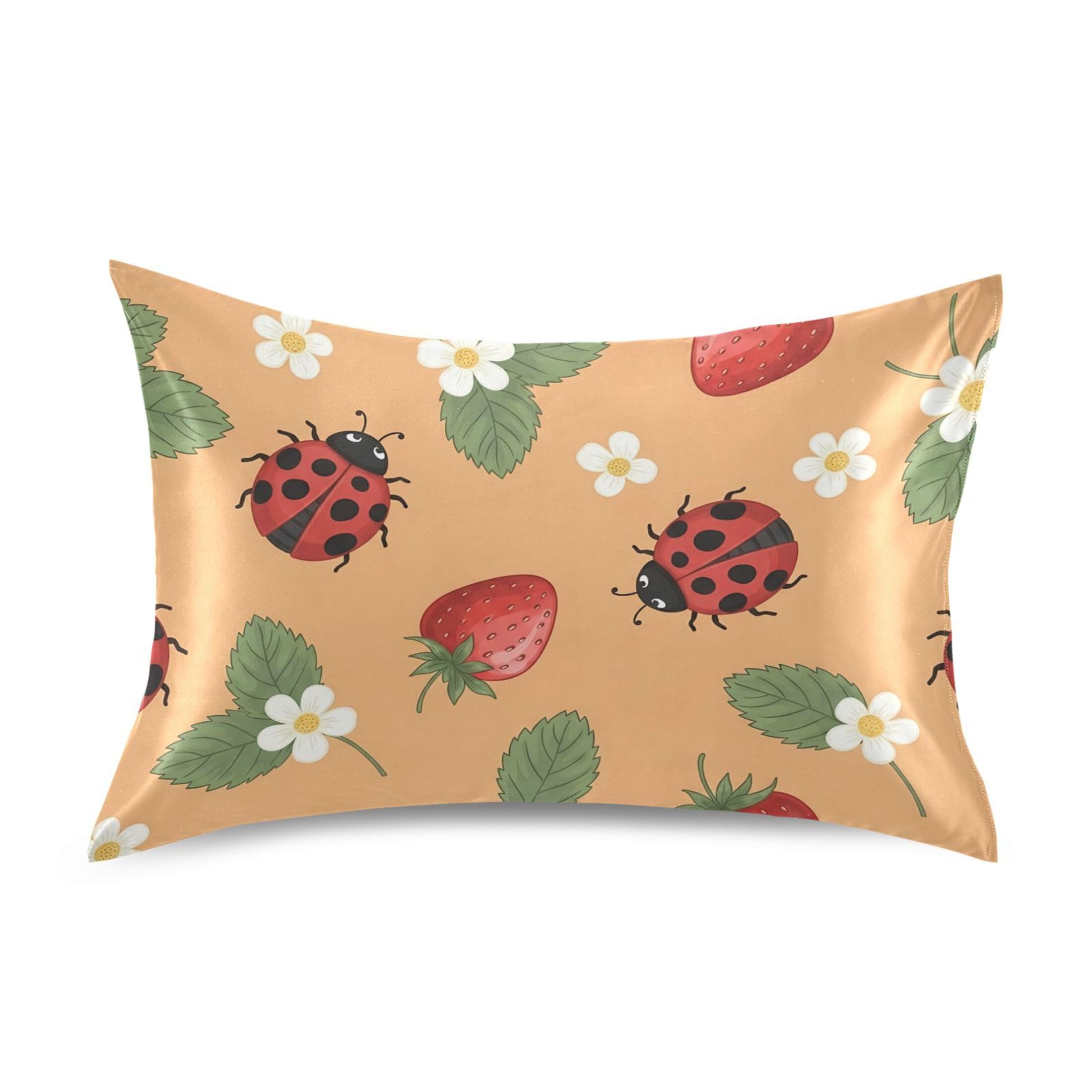 Fuauuyl Pillowcase Queen Size 20x30 in, Ladybugs Strawberry Soft Breathable Satin Pillow Case for Hair and Skin with Envelope Closure Wrinkle-Free