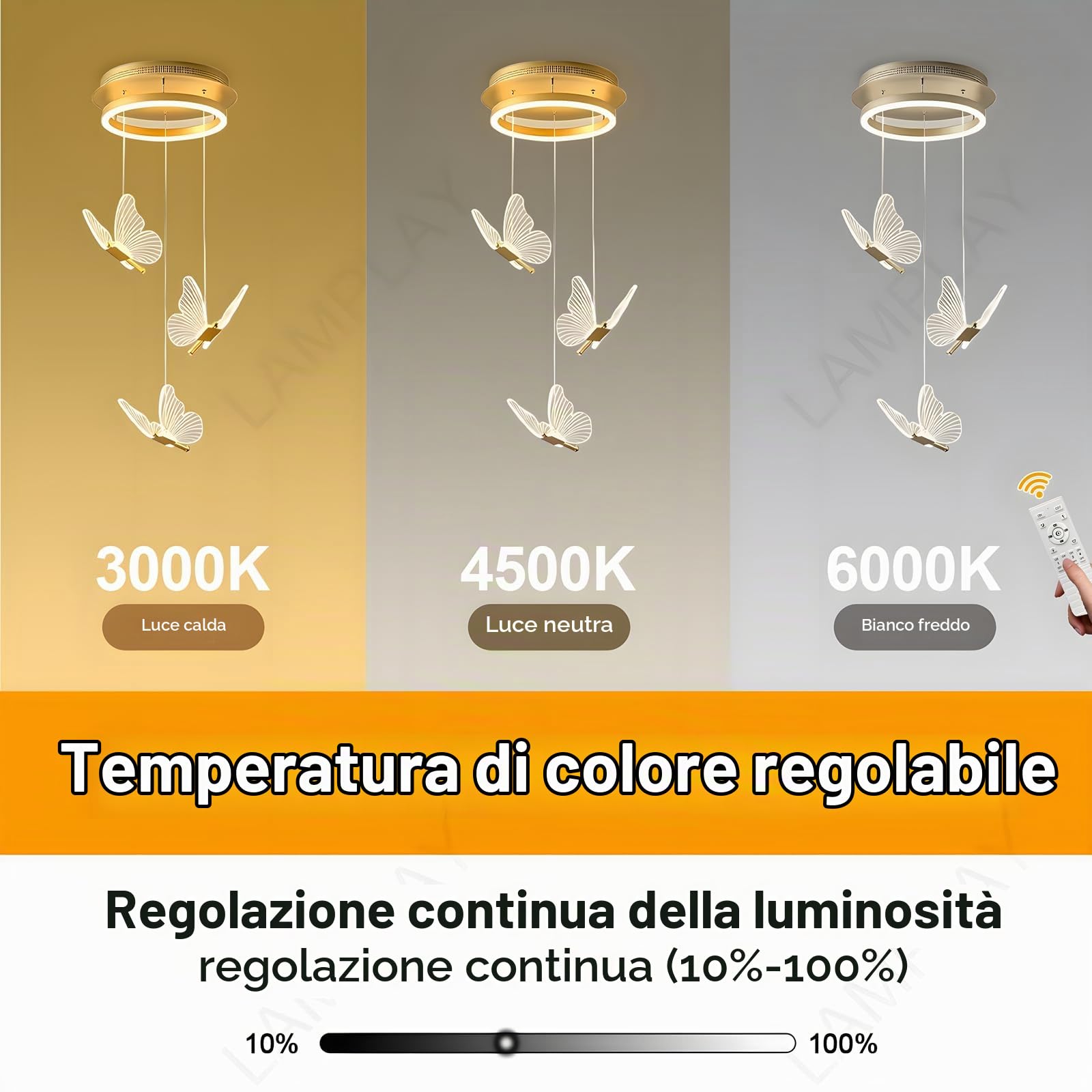 Lampadario Moderno A LED Dorato, Dimmerabile A 3 Luci A Forma Di Farfalla 3000K-6000K Con Telecomando, Lampada Da Soggiorno Regolabile In Altezza, Per Corridoio Sala Da Pranzo Scale Villa