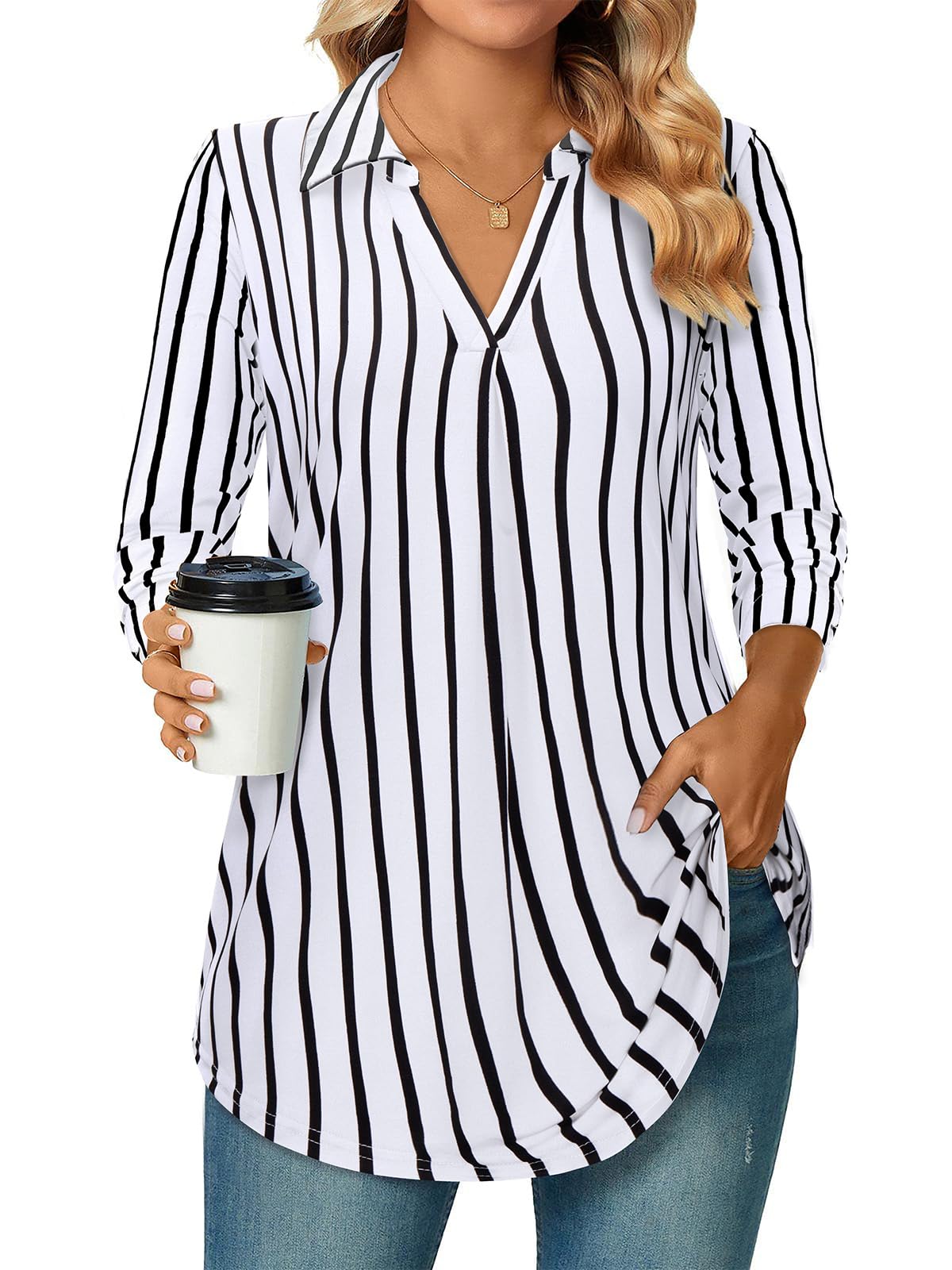 Siddhe Damen V-Ausschnitt Bluse 3/4 Ärmel Oberteile Tunika Tops Locker Longshirt Lässige T-Shirt Langarm Hemd