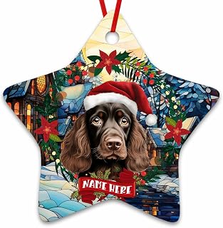 Dinoz Merry Christmas Cocker Spaniel Dog Tree Ornament, Hat Santa Clause Customized Name Ceramic Both Side Printed Star Ornament for Home Keepsake Gift Decoration