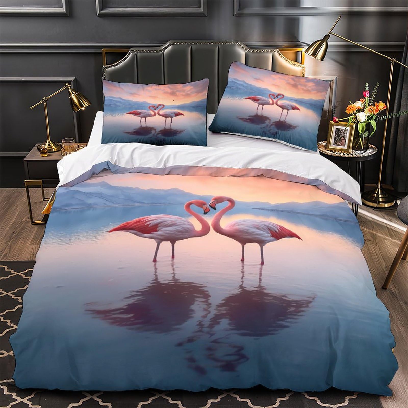 Flamingo-Pärchen 3D-Druck 3er-Set Bettbezug Romantische Naturszene Bettdeckenbezug Mikrofaser Atmungsaktiv Reißverschluss für Jungen Männer Frauen King（220x240cm）