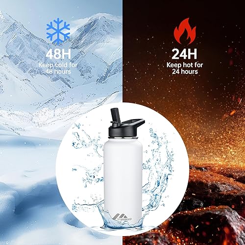 Miniatura 3 de StarSpeed - Botella de agua aislada de 32 oz con pajitas y 2 tapas, botella deportiva de acero inoxidable de doble pared con aislamiento al vacío,