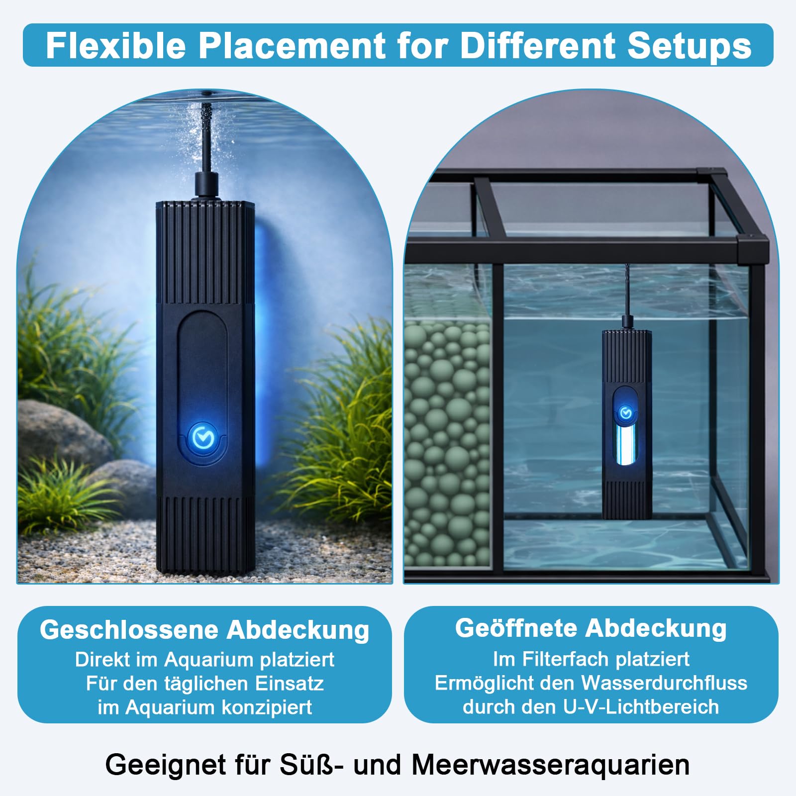 Aquarium UV Sterilisator 6W mit Timer, Vollständig Tauchfähig, Quarzversiegelt zur Abtötung von Bakterien & Algen, für 49–161L Aquarien