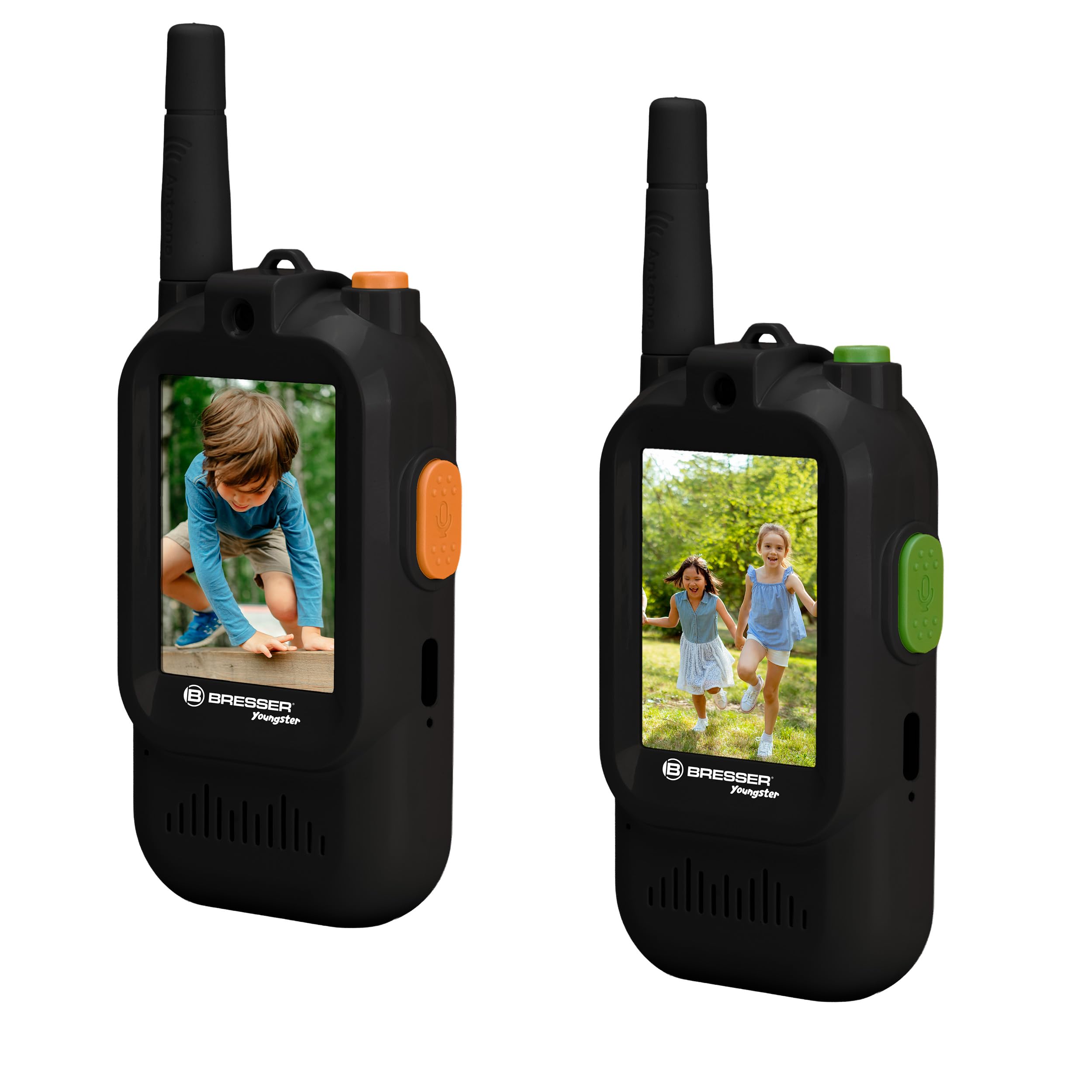 Bresser Youngster Video Walkie Talkie per bambini con display da 2 pollici, batteria ricaricabile, cambia voce, cavo di ricarica USB C