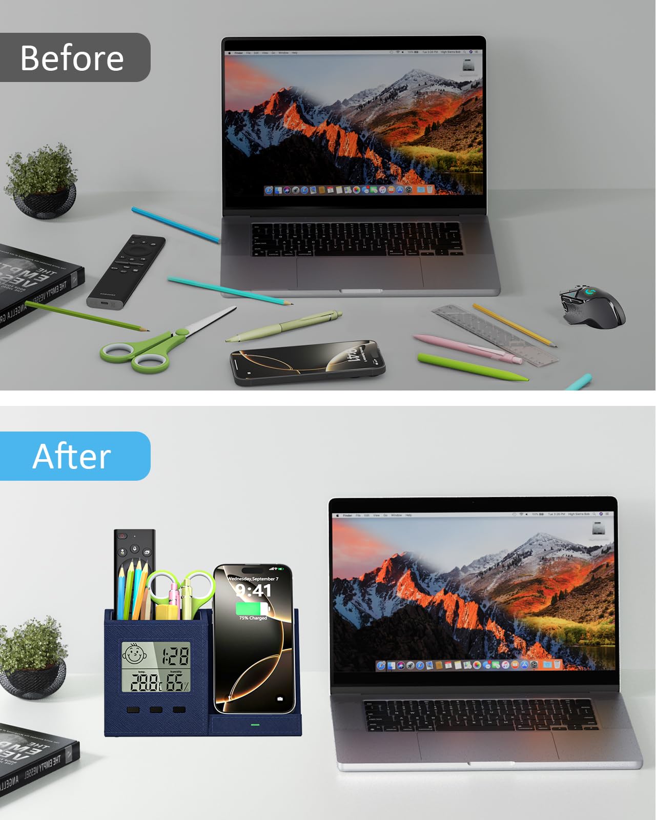 Organizer da scrivania con caricabatterie wireless, orologio digitale, termometro e igrometro, portapenne, multifunzione, accessori da scrivania per casa, ufficio, uomini, donne (batteria inclusa)