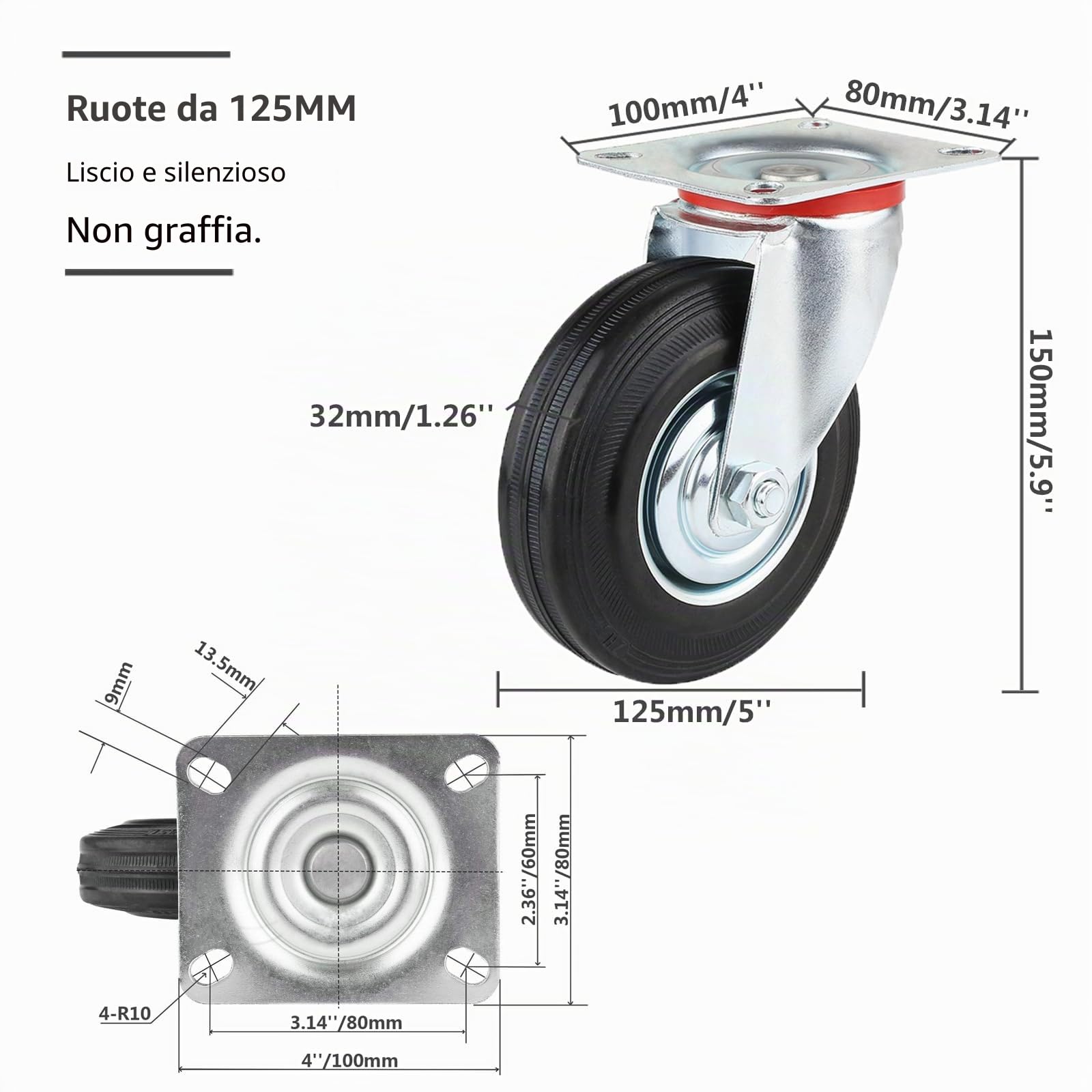 Ruote per Carichi Pesanti da 125 mm con Freno, 4 Rotelle per Mobile Rotelle Girevoli fino 400 kg, Ruote di Trasporto Rotazione 360°, Gomma Ruote industriali Pesanti (2 Girevoli + 2 Con Freno)