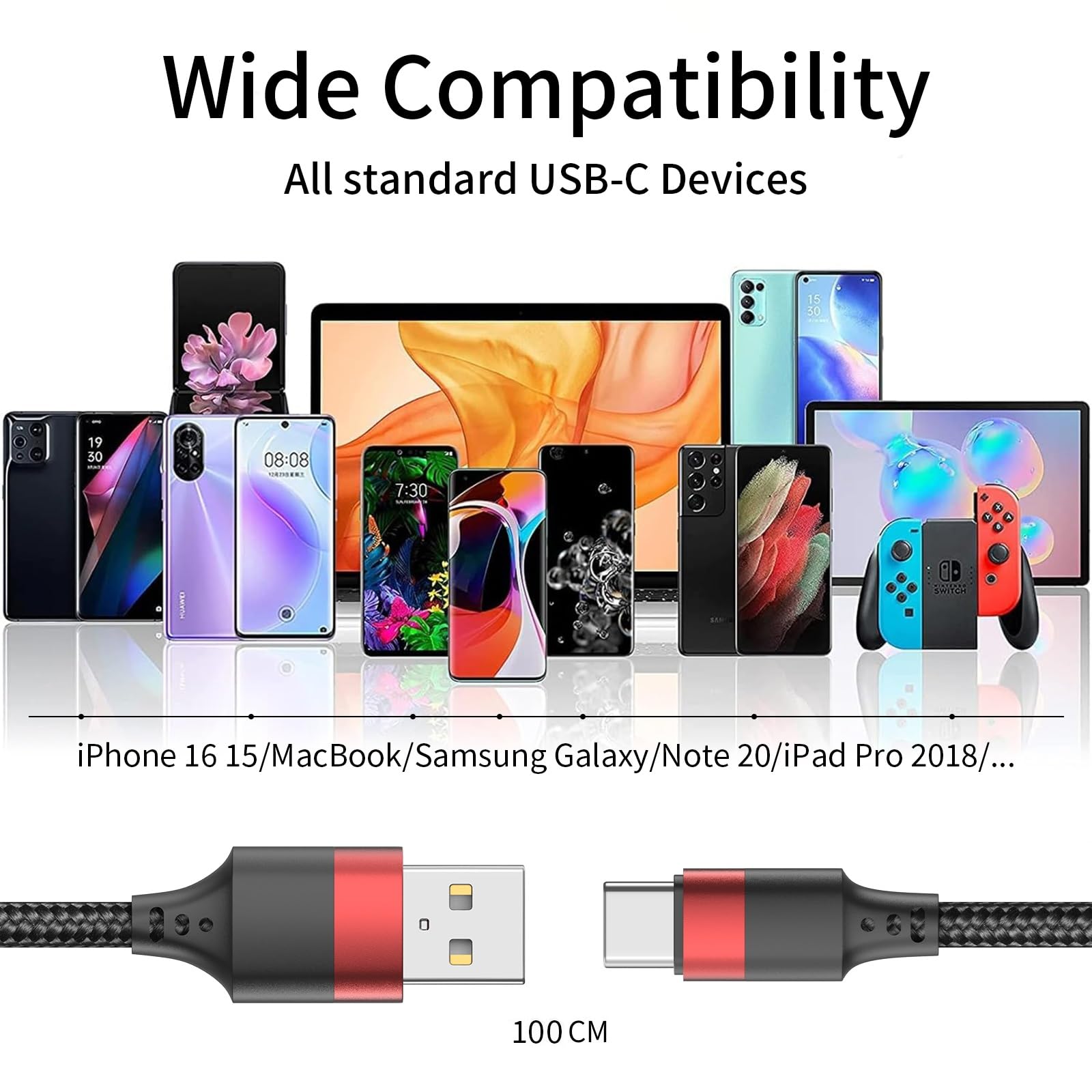 Cavo USB C da 0,9 m, confezione da 3 cavi da USB A a USB C per iPhone 16 15, in nylon intrecciato di tipo C, cavo di ricarica rapida per Samsung Galaxy S24 S23 S22 Note 20 10 A50 A20 Moto G LG