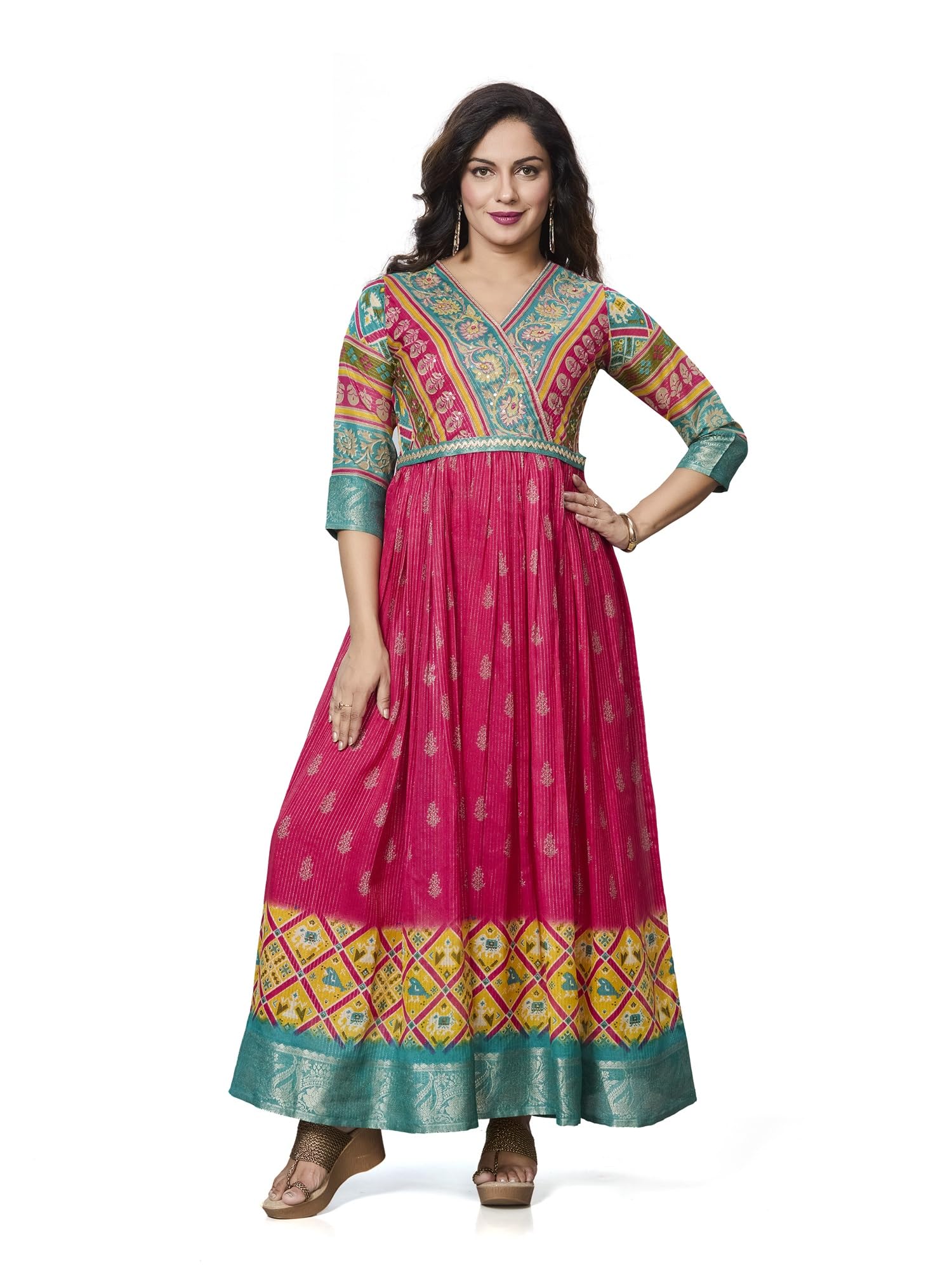 Rani Pink Ethnic Gown, Viscose Blend Ankle-Length Dress with Embroidered Yoke & Tie-Up Dori Belt, V-Neck, 3/4 Sleeves-image-7