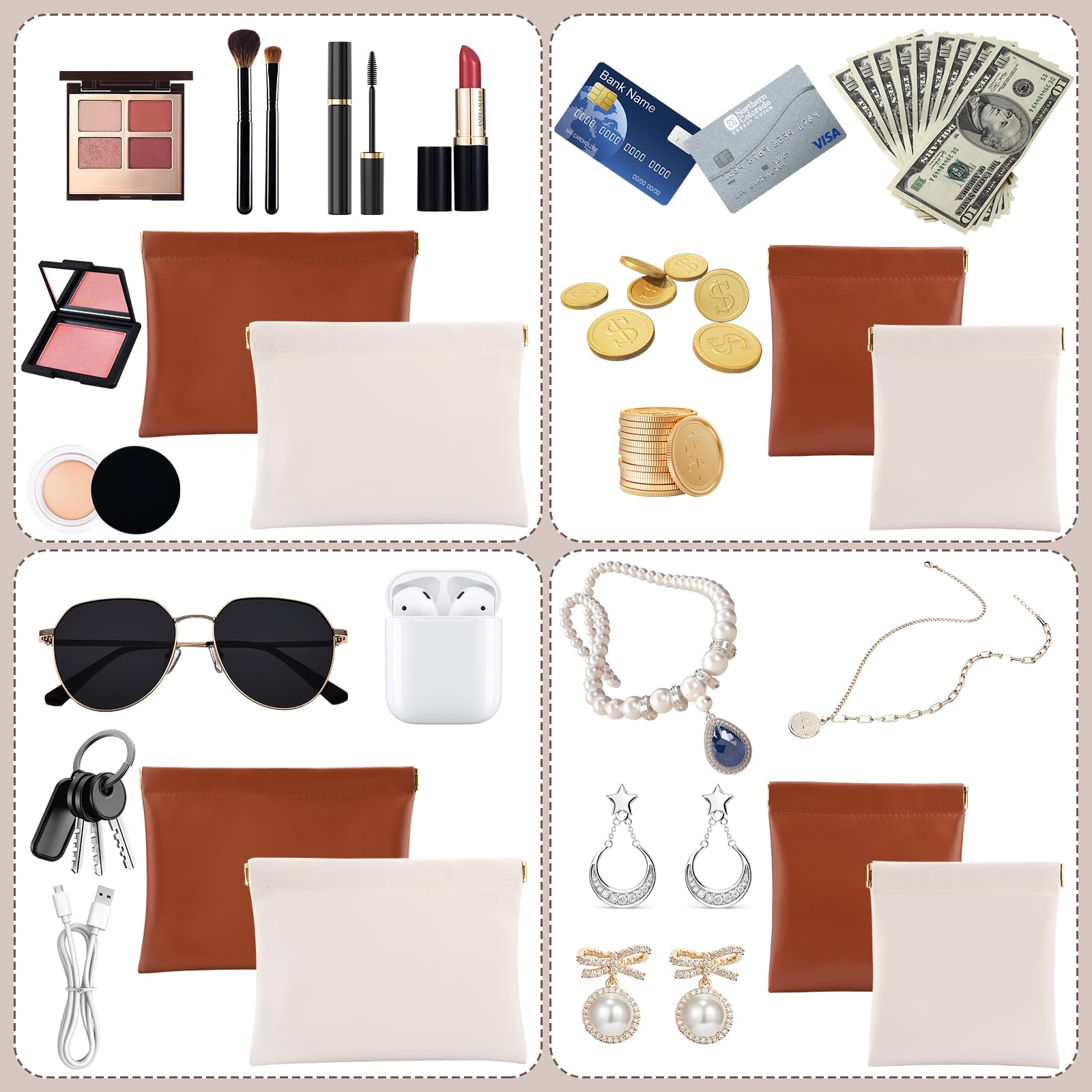 4 mini trousse da donna in pelle di agnello, per trucchi da donna, in pelle di agnello, portamonete da donna, mini trousse da viaggio (marrone, crema), Marrone-Crema, Semplice ed elegante
