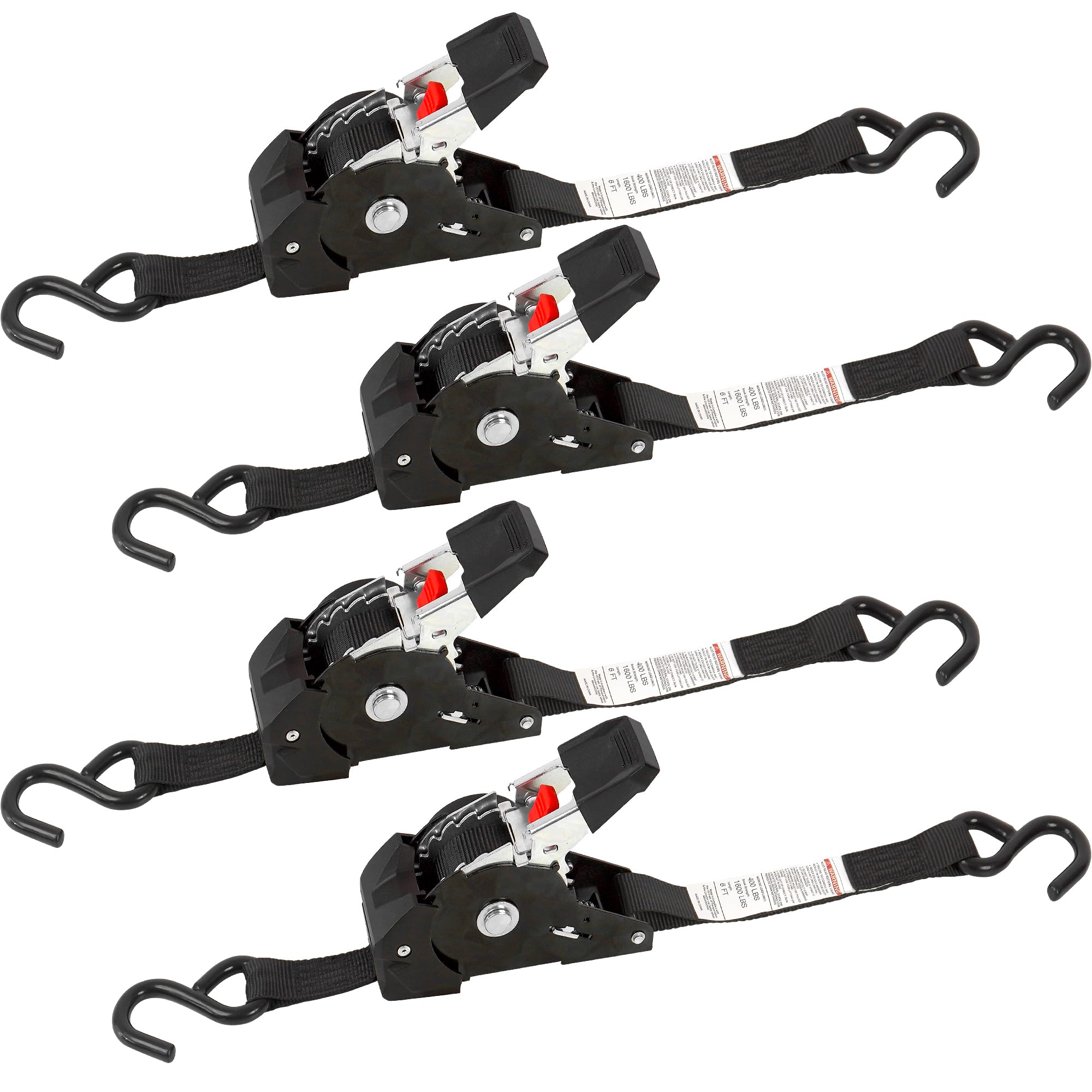 1" x 6' Retractable Ratchet Straps, 1600 lbs Break Strength, Heavy Duty 4 Pack, Self Retracting Tie Downs with S Hooks, DOT Approved for Durable