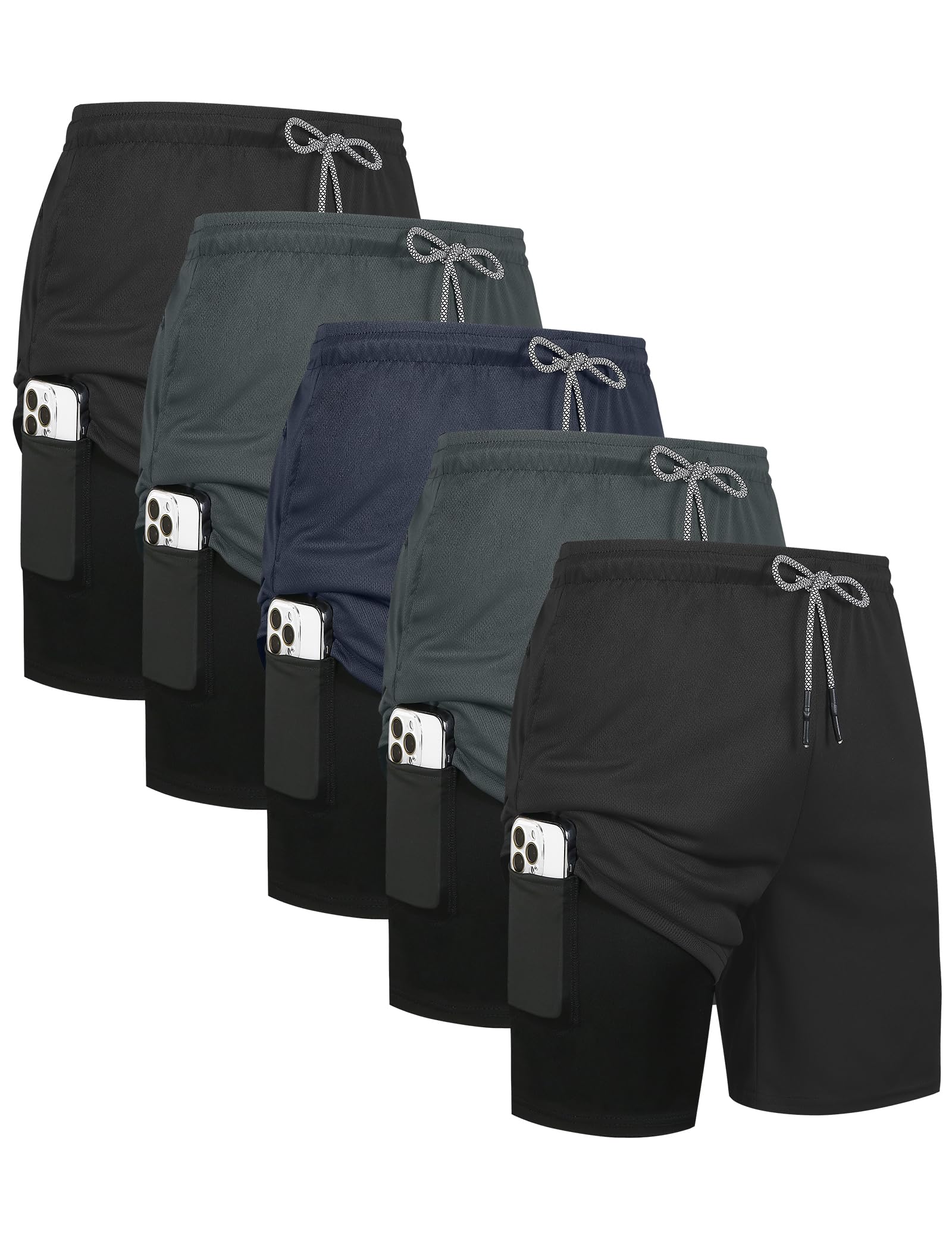 HOPLYNN 5 Pack Mens 2 in 1 Running Shorts with Liner Quick Dry Workout Training Gym Athletic Sport