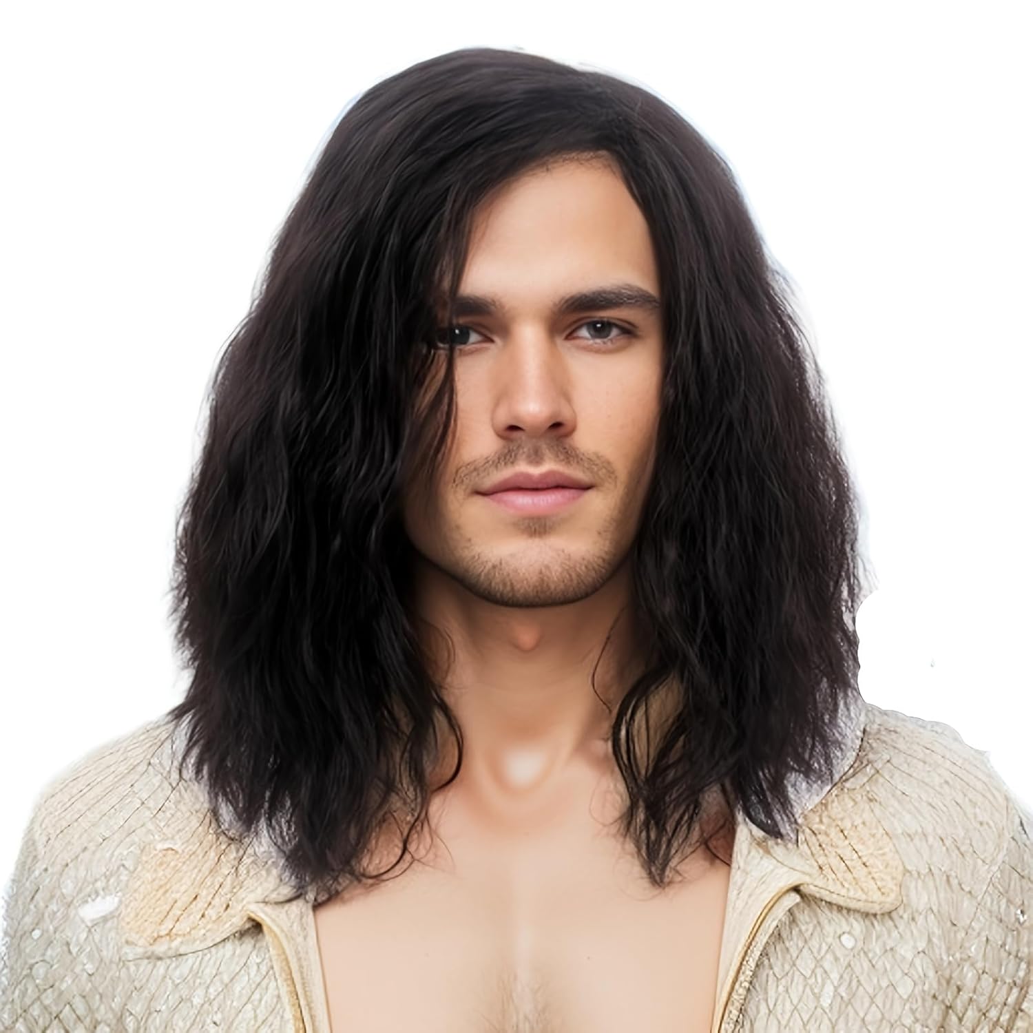 REEWES Mens Wig Long Men Wigs Wig Curly Wave Layered Hair