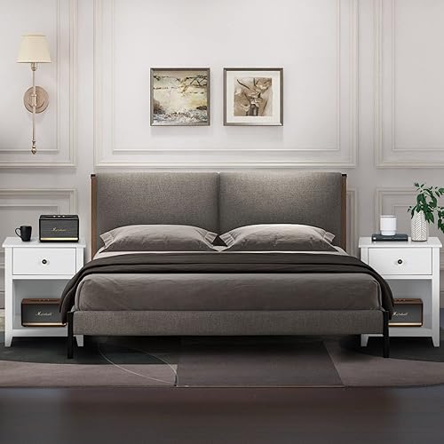 Miniatura 5 de Mesita de noche para dormitorio, juego de 2 mesitas de noche blancas con cajón de almacenamiento y estante abierto, mesita de noche moderna para