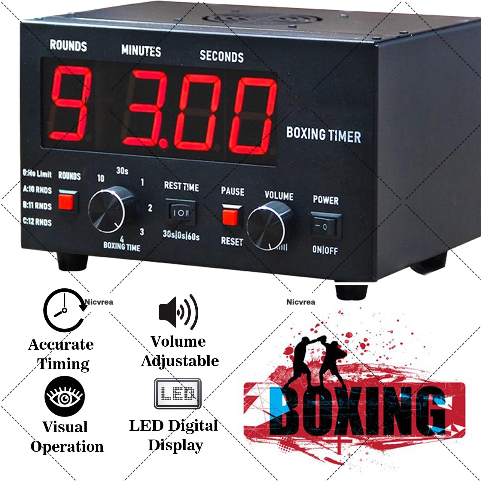 Timer a intervalli con display a LED per boxe, MMA, kickboxing, suono regolabile, tempo di allenamento personalizzabile e ripetizioni per allenamenti efficaci