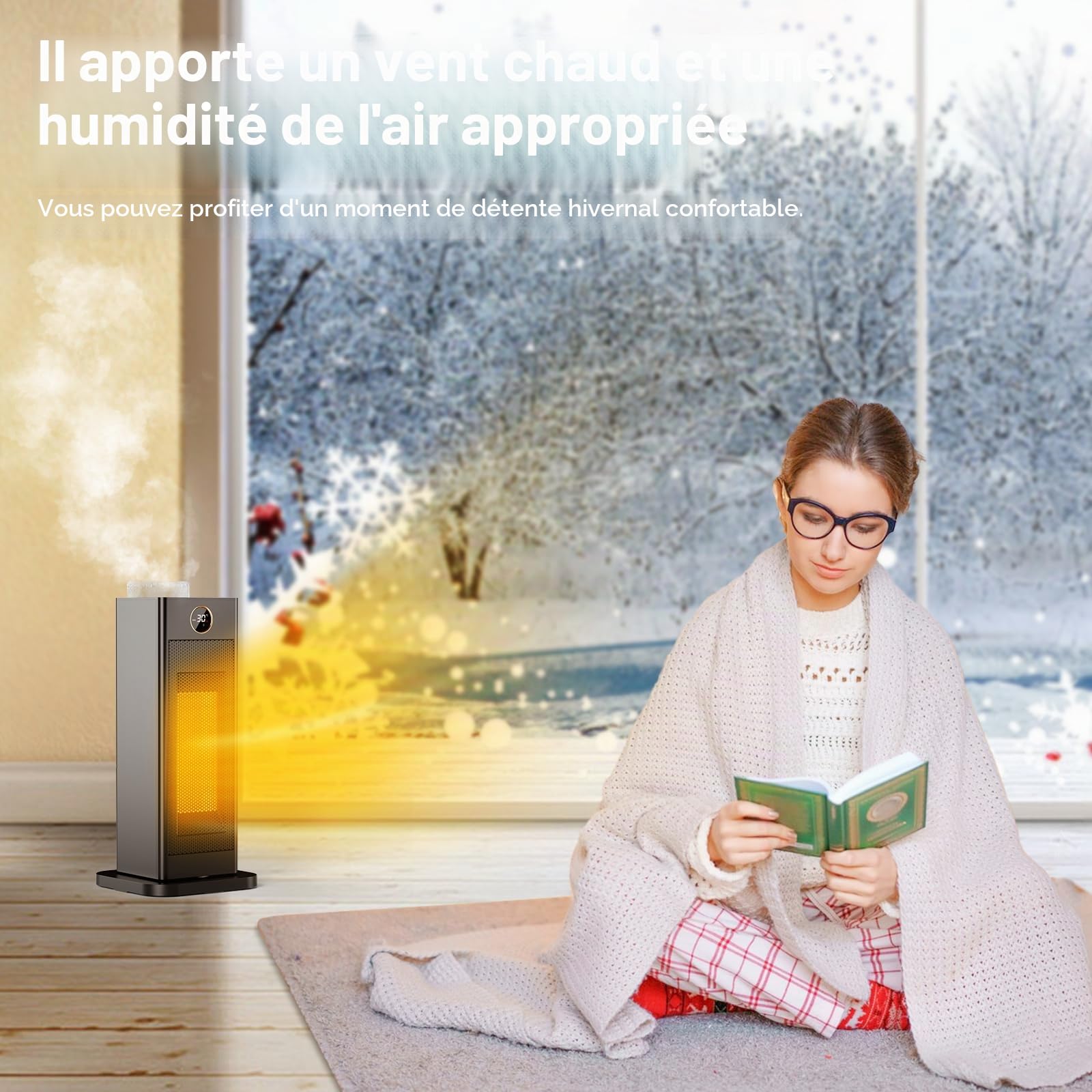 LIFERUN Mini radiateur soufflant électrique à économie d'énergie avec thermostat et humidificateur d'air oscillant à 90° - Chauffage électrique PTC silencieux - Mode ECO - Pour chambre à coucher