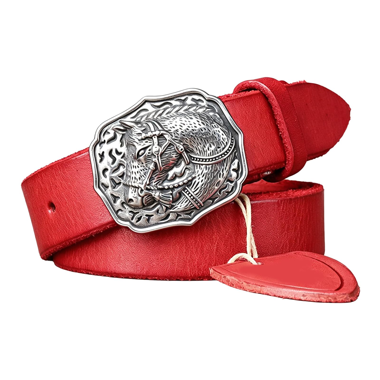 Cintura da Uomo Donna,Cintura da Cowboy Western con Fibbia Incisa Vintage,Cintura Casual Donna,Cintura in Vera Pelle,Cintura da Cowgirl Occidentale per Jeans Pantaloni,Rosso,100CM/39.4''