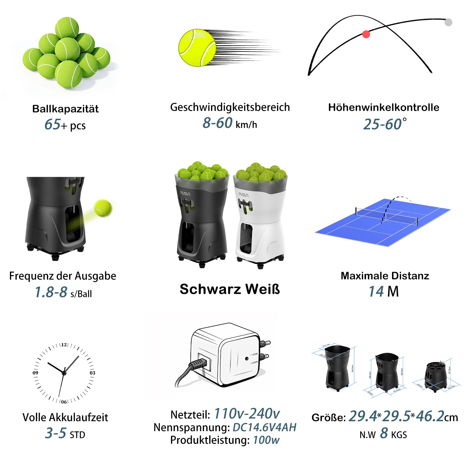 PUSUN PT-MINIPro Tragbare Tennisballmaschine - Leichte Indoor-Tennismaschine mit APP-Steuerung, 65-Ball-Kapazität & Lehrsystem, Intelligenter Tennistrainer für Schulen (3-5 Stunden Akku)