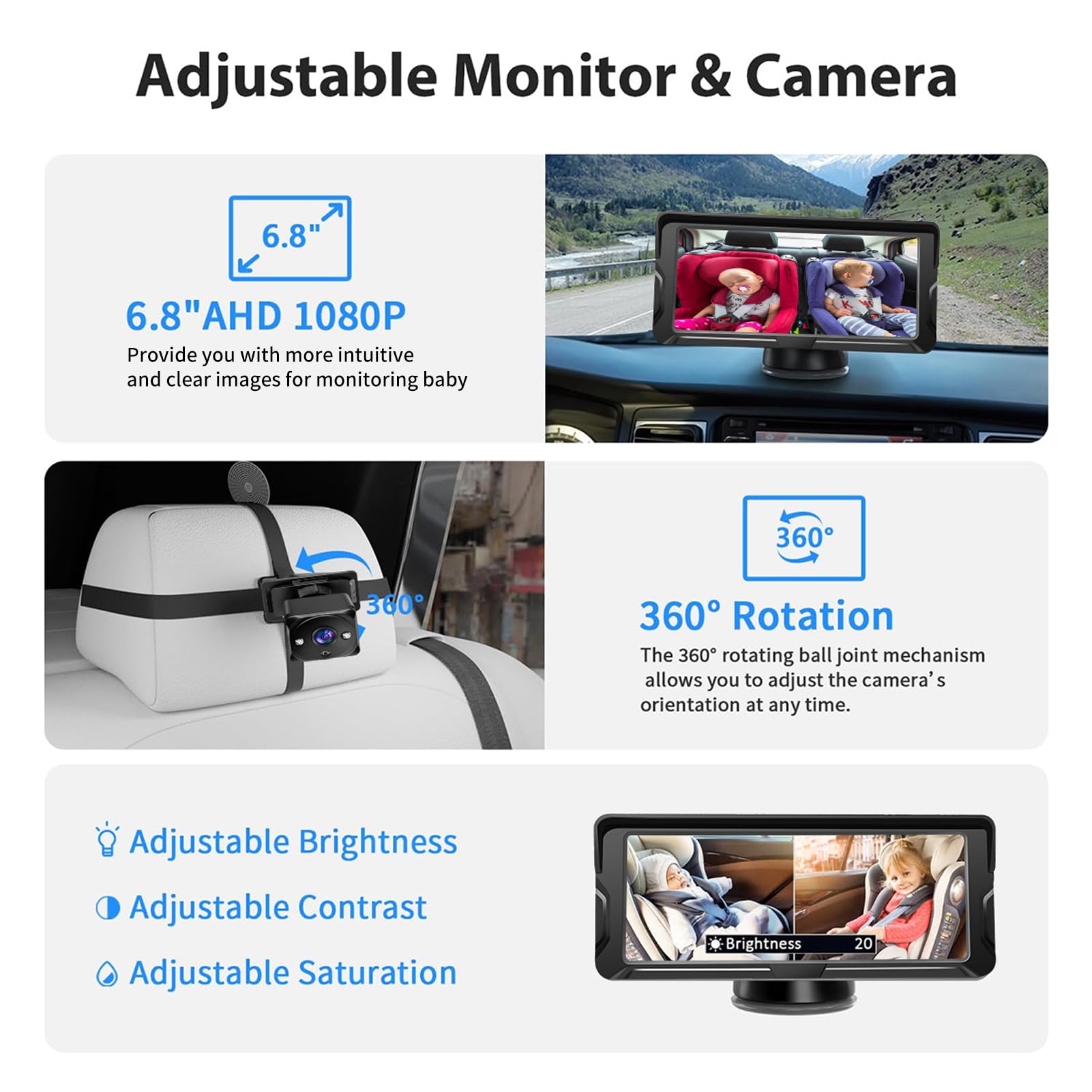 Shkalacar Cámara para Bebé para Coche con Canal Doble, 6,8 Pulgadas y 1080P, con 2 Cámaras de Visión Nocturna por Infrarrojos y ángulo de Visión Amplio de 150° para Asiento Orientado hacia Atrás