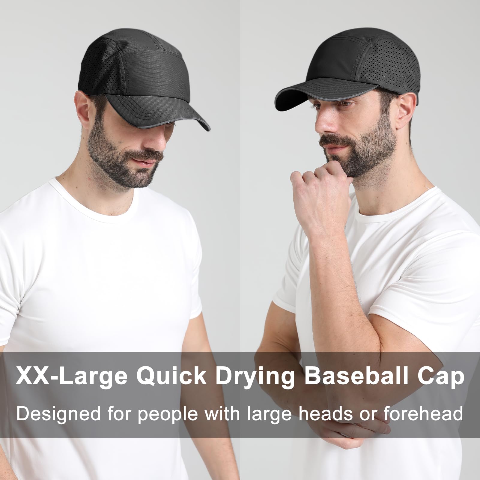 Oversize XXL - Gorra de béisbol de secado rápido para hombre, de malla transpirable, ligera, para cabeza grande, Negro - 3